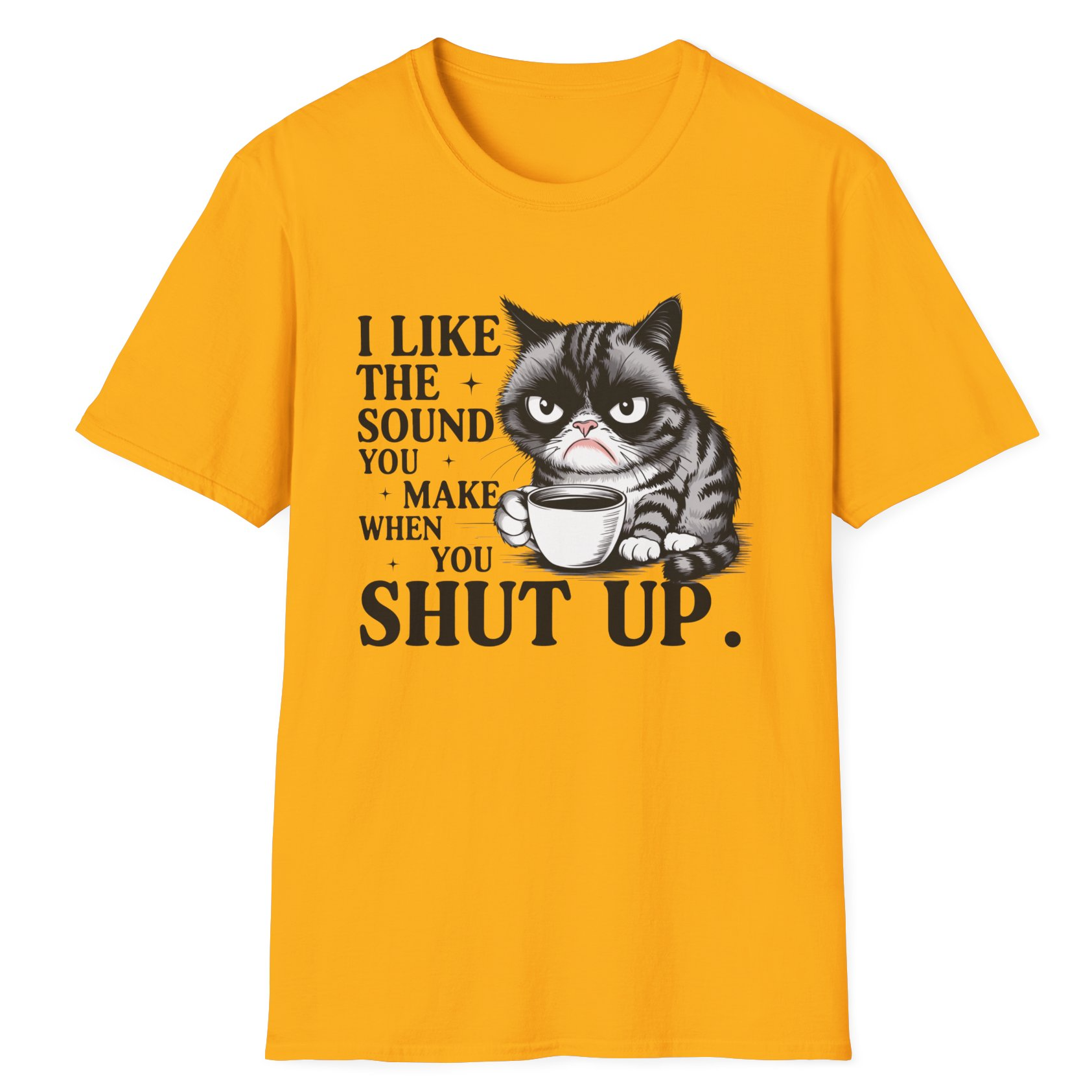 Funny T-shirt featuring a grumpy tabby cat holding a coffee mug with a tired expression – perfect for sarcastic coffee lovers and cat fans.