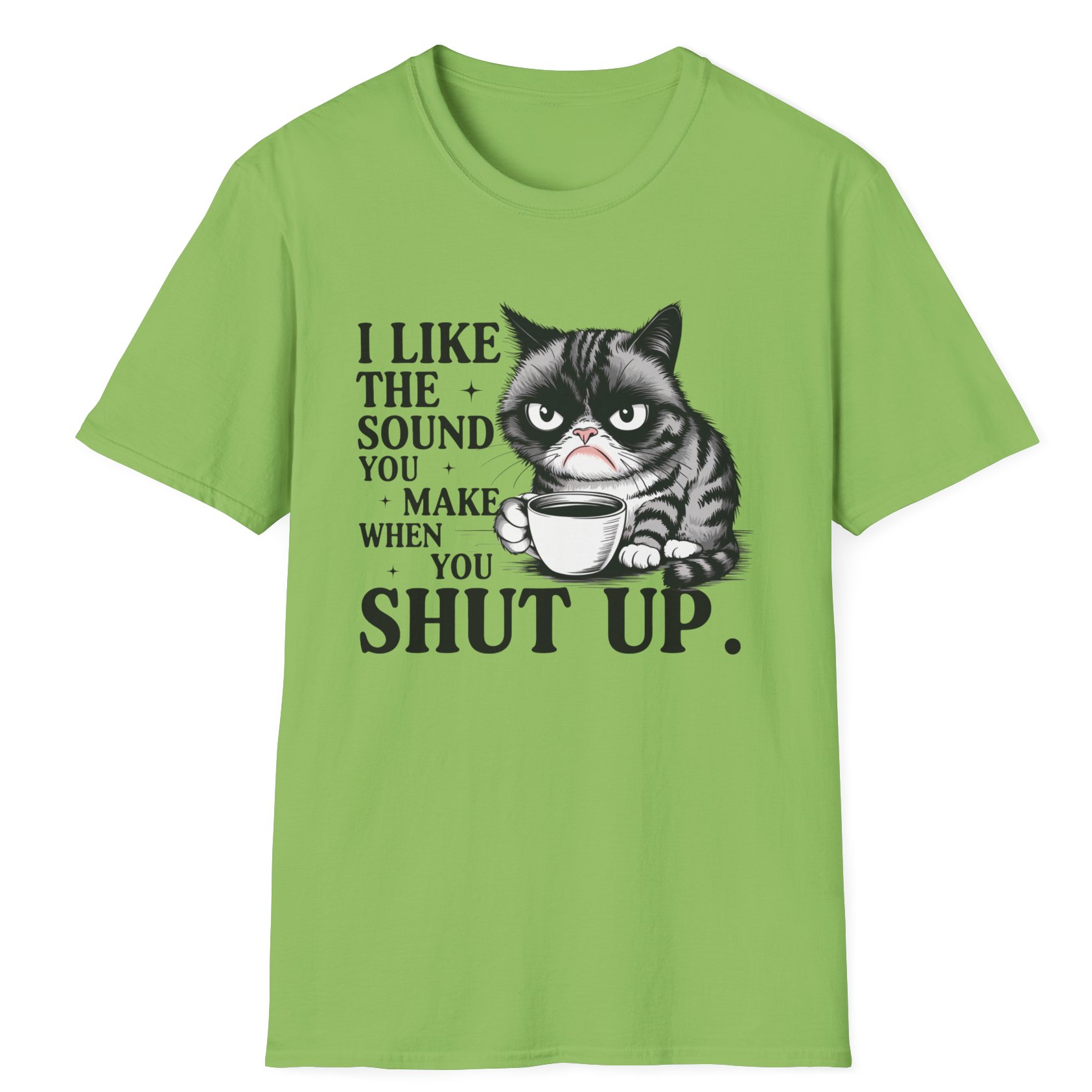 Funny T-shirt featuring a grumpy tabby cat holding a coffee mug with a tired expression – perfect for sarcastic coffee lovers and cat fans.