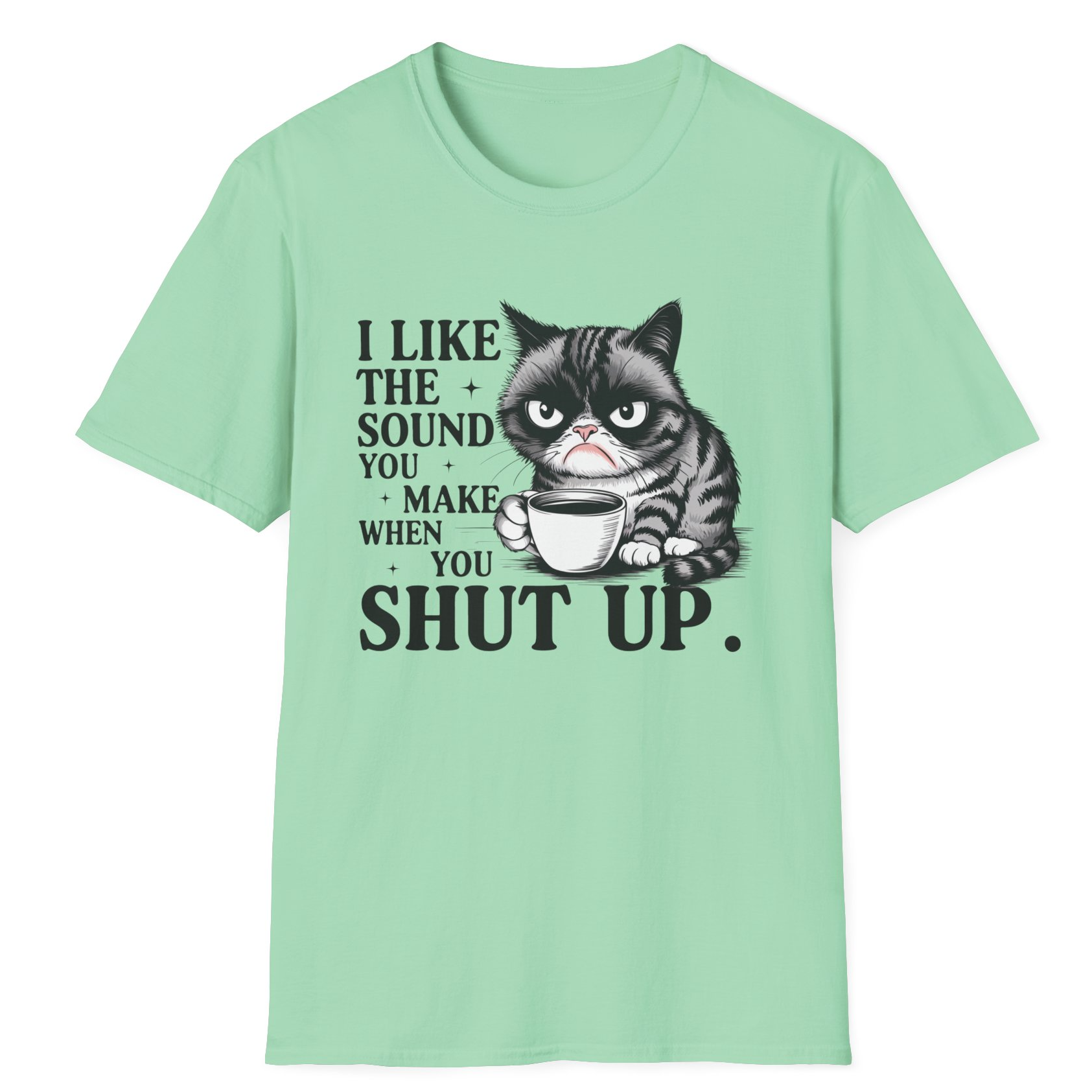 Funny T-shirt featuring a grumpy tabby cat holding a coffee mug with a tired expression – perfect for sarcastic coffee lovers and cat fans.