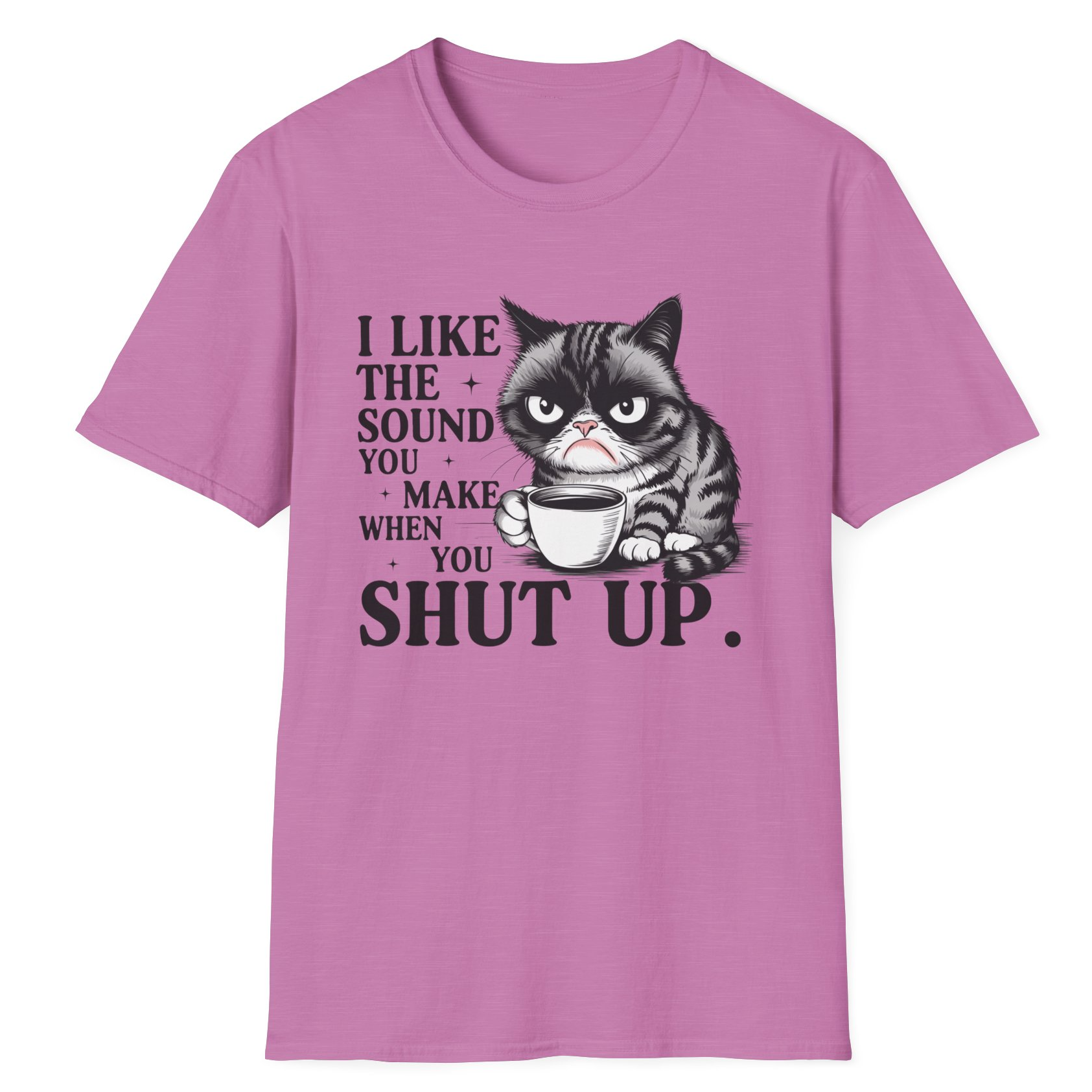 Funny T-shirt featuring a grumpy tabby cat holding a coffee mug with a tired expression – perfect for sarcastic coffee lovers and cat fans.