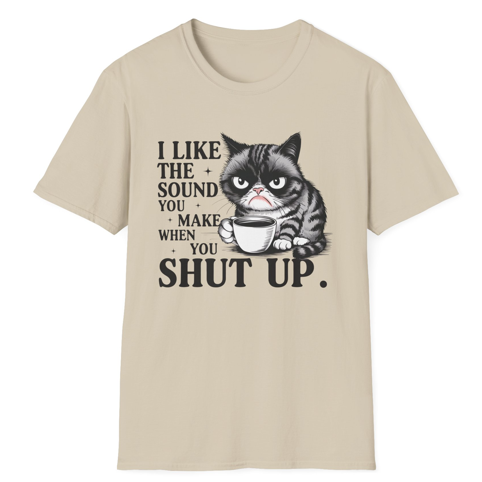 Funny T-shirt featuring a grumpy tabby cat holding a coffee mug with a tired expression – perfect for sarcastic coffee lovers and cat fans.