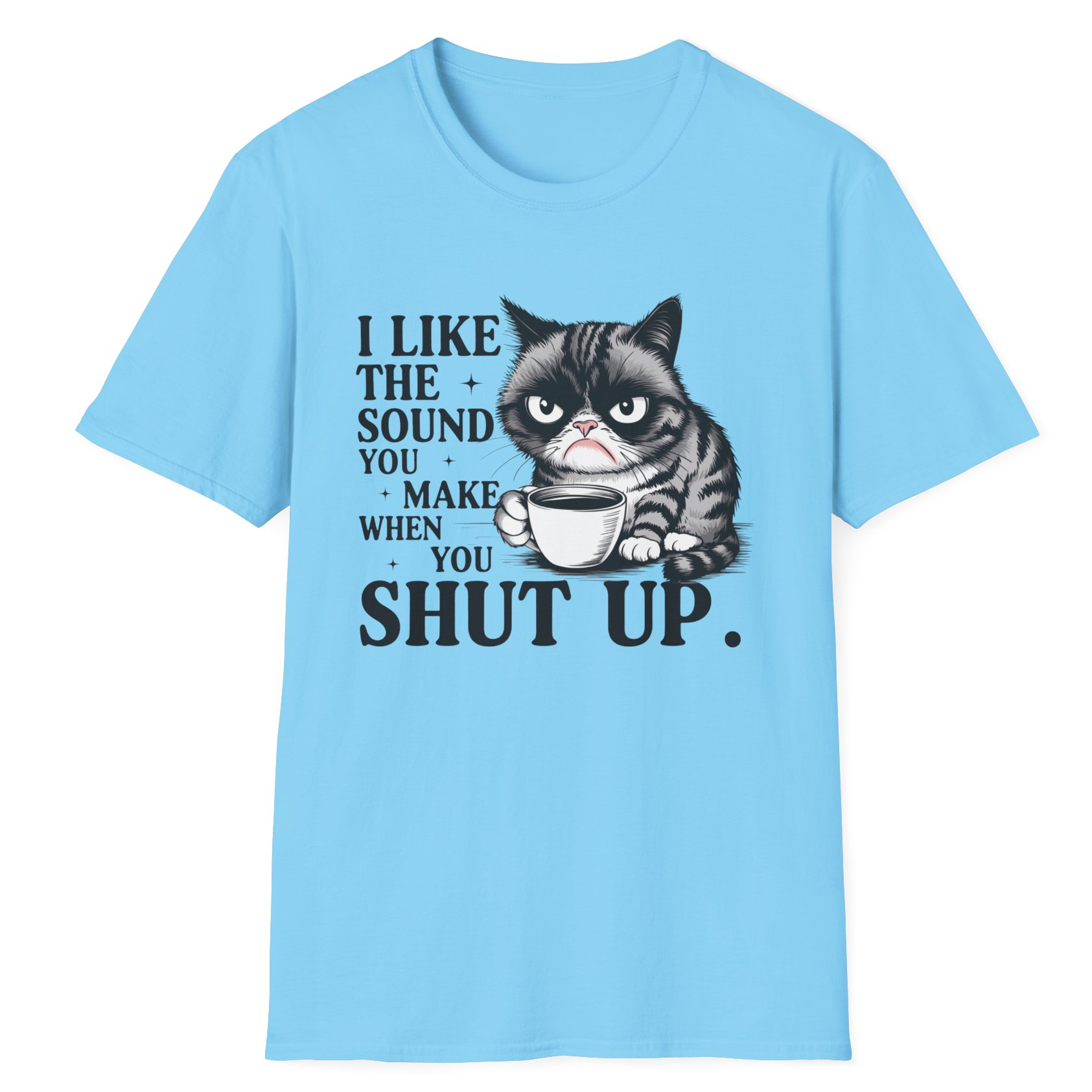 Funny T-shirt featuring a grumpy tabby cat holding a coffee mug with a tired expression – perfect for sarcastic coffee lovers and cat fans.