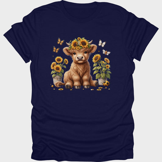 Highland Cow with Sunflowers short sleeve T-shirt Navy