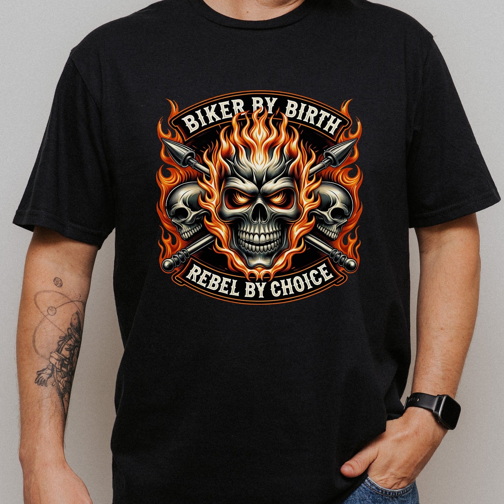 Motorcycle Biker Skull with Flames short sleeve T-shirt Design Black