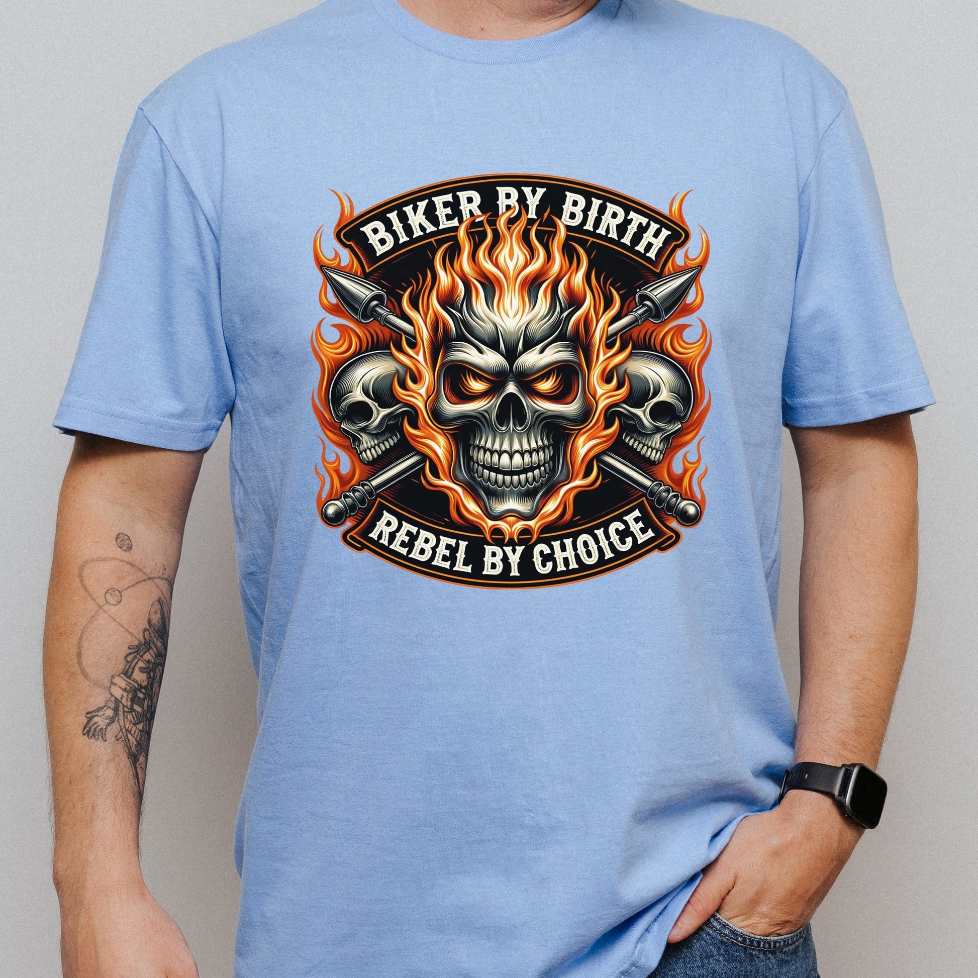 Motorcycle Biker Skull with Flames short sleeve T-shirt Design Blue