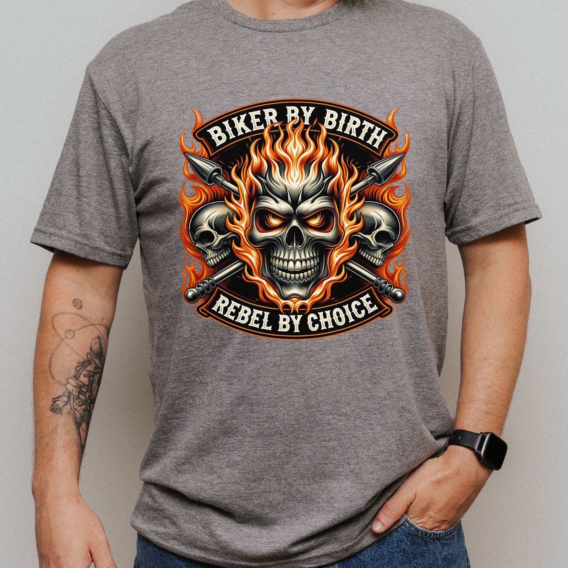Motorcycle Biker Skull with Flames short sleeve T-shirt Design Gray