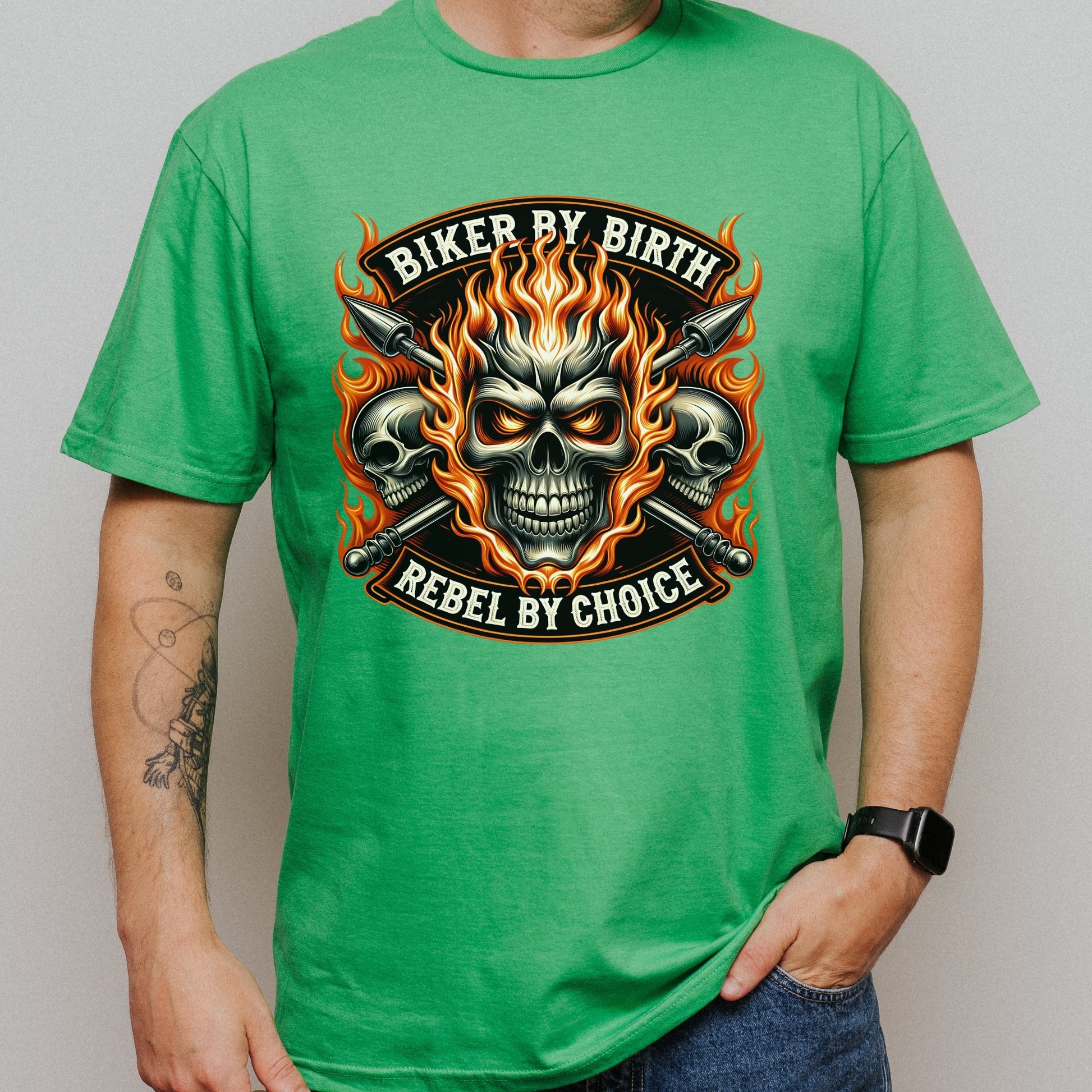 Motorcycle Biker Skull with Flames short sleeve T-shirt Design Green