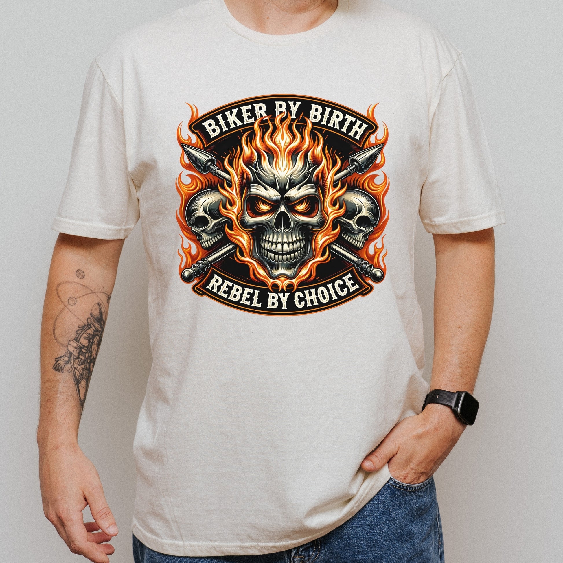 Motorcycle Biker Skull with Flames short sleeve T-shirt Design Natural