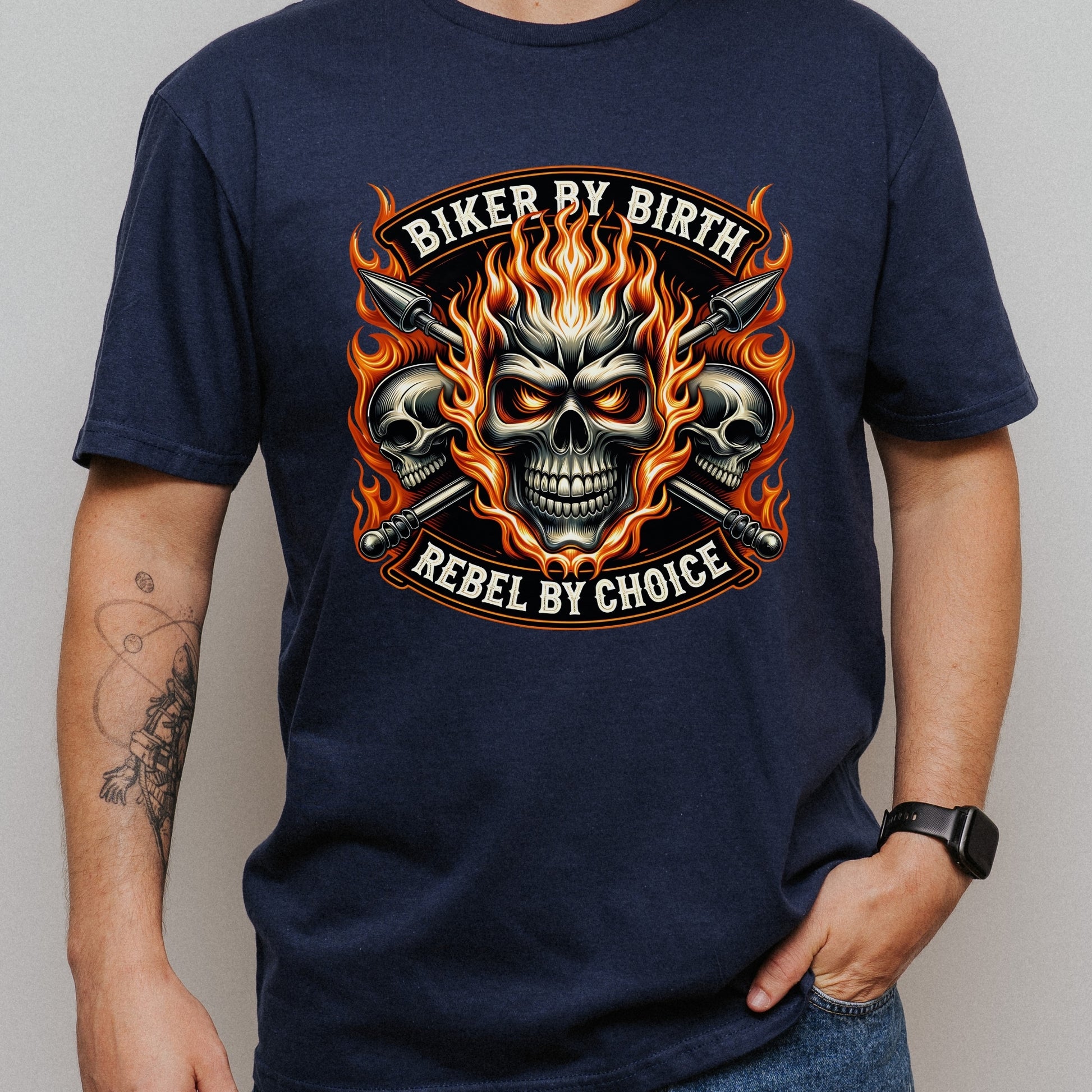 Motorcycle Biker Skull with Flames short sleeve T-shirt Design Navy