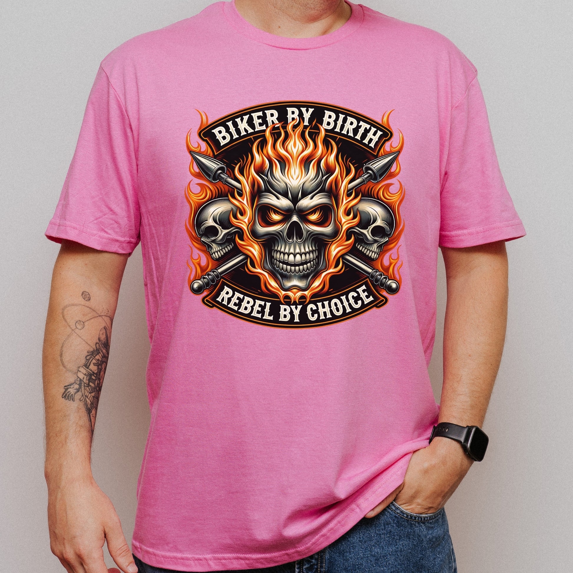 Motorcycle Biker Skull with Flames short sleeve T-shirt Design Pink