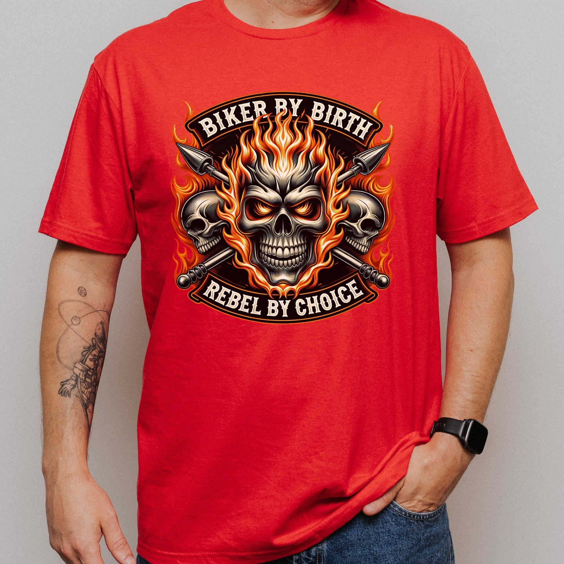 Motorcycle Biker Skull with Flames short sleeve T-shirt Design Red