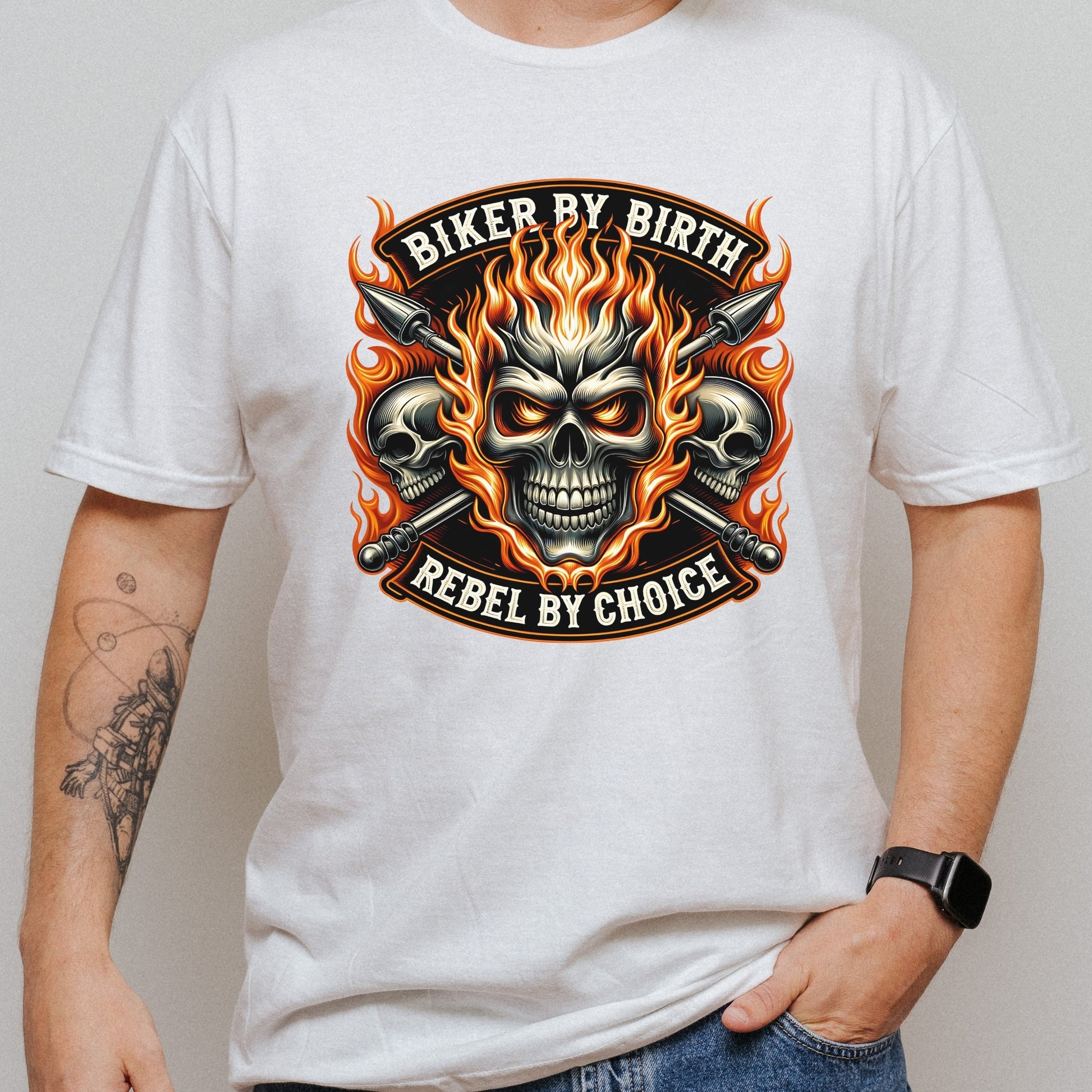 Motorcycle Biker Skull with Flames short sleeve T-shirt Design white