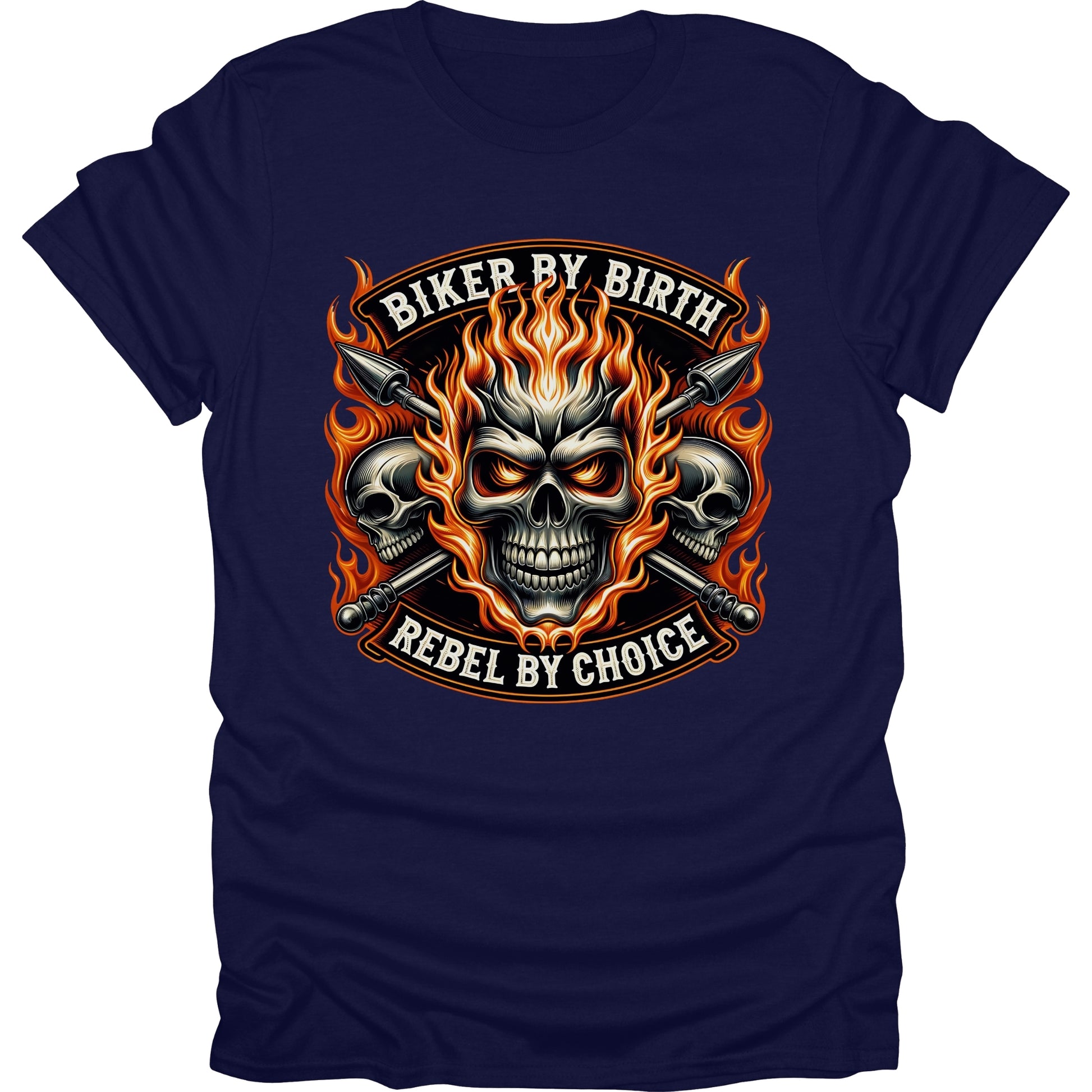 Motorcycle Biker Skull with Flames short sleeve T-shirt Navy