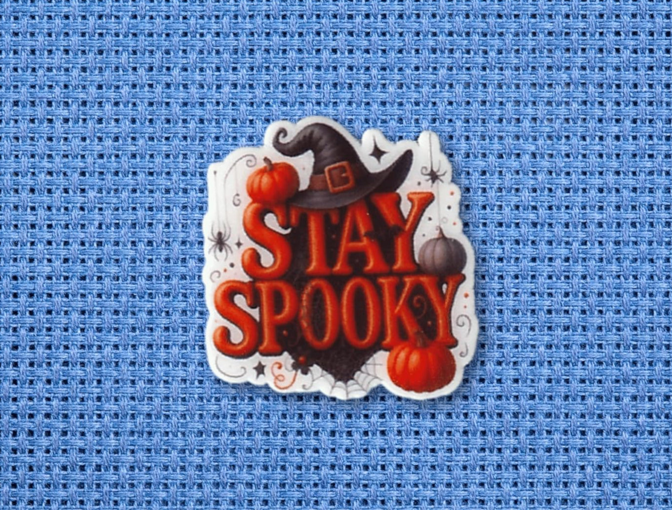 Stay Spooky magnetic needle minder with witch hat, pumpkins, and spider