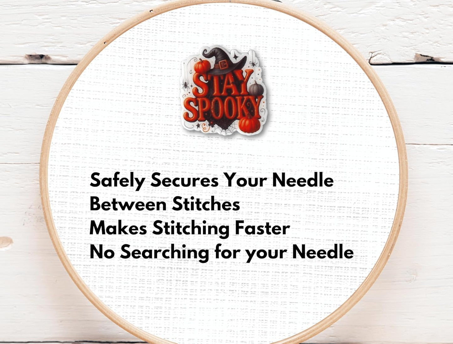 Stay Spooky magnetic needle minder with witch hat, pumpkins, and spider