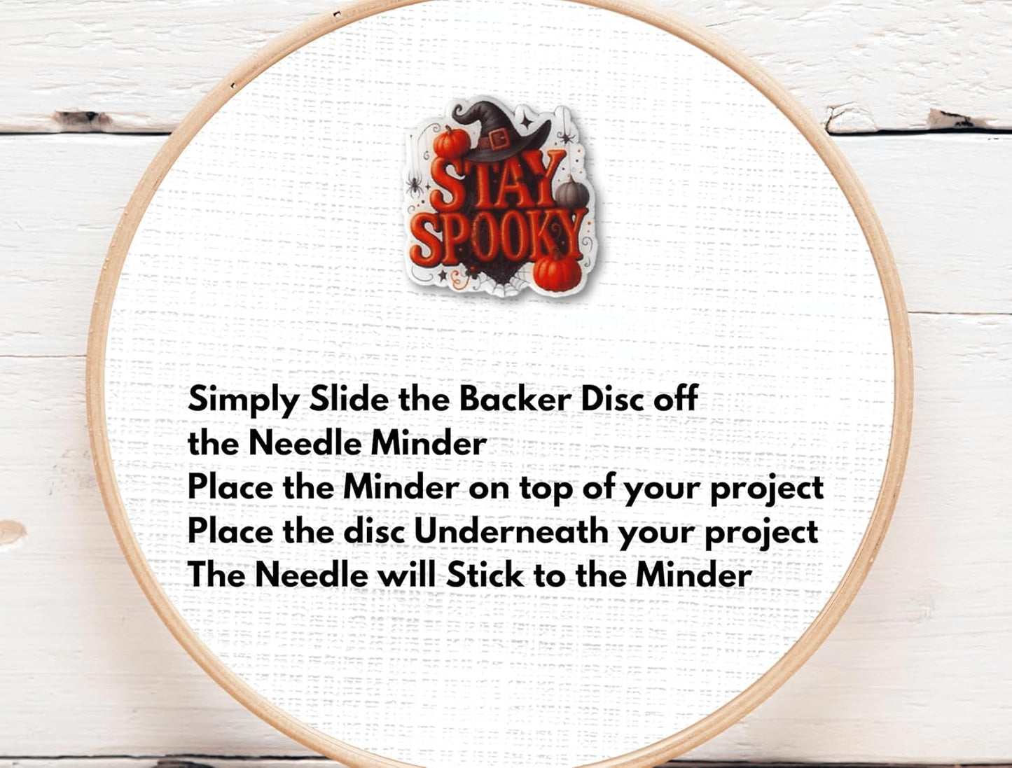 Stay Spooky magnetic needle minder with witch hat, pumpkins, and spider