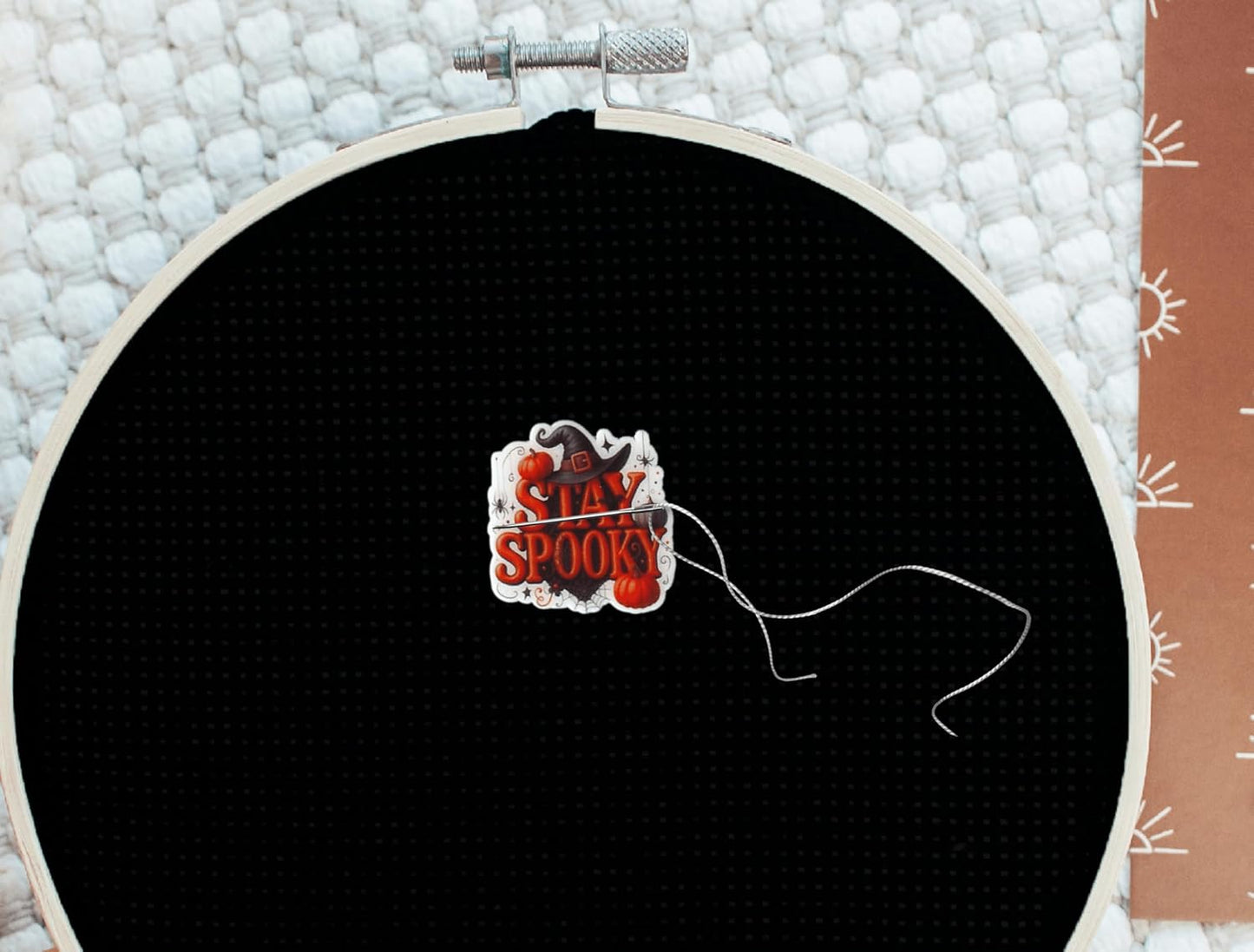 Stay Spooky magnetic needle minder with witch hat, pumpkins, and spider