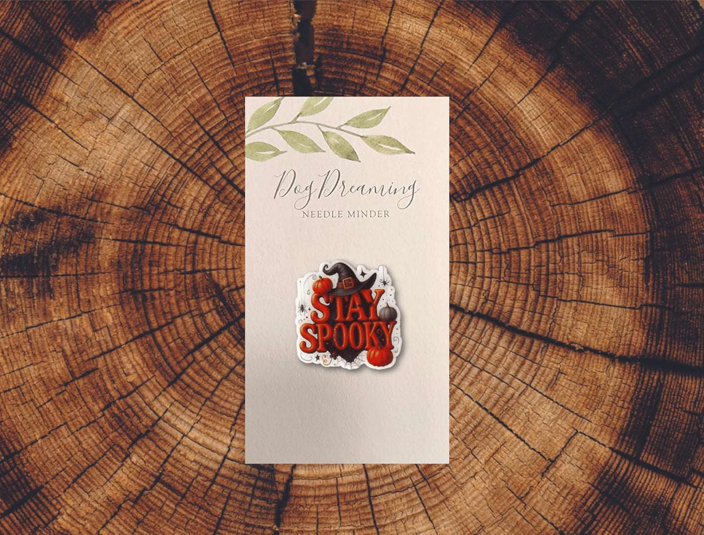 Stay Spooky magnetic needle minder with witch hat, pumpkins, and spider