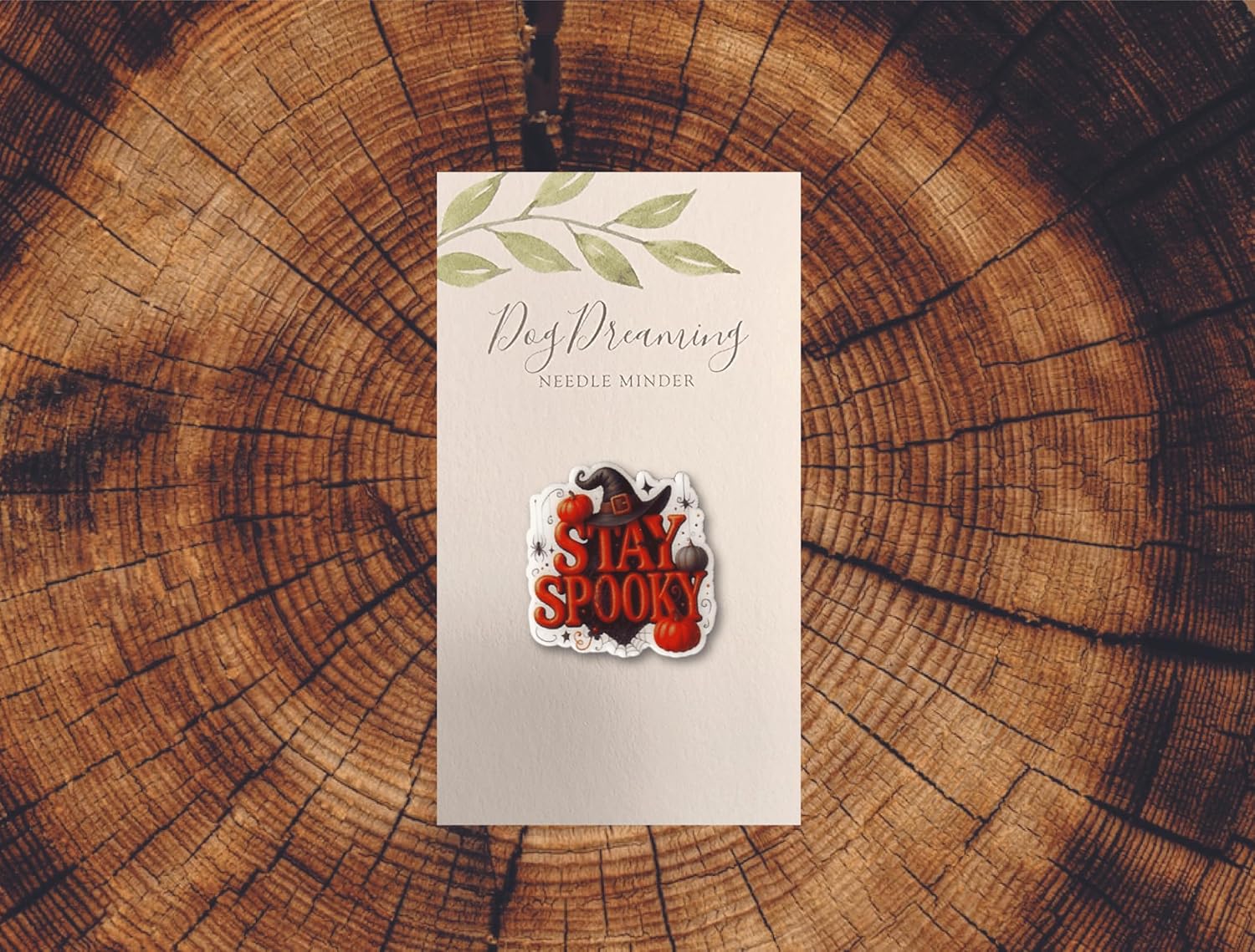 Stay Spooky magnetic needle minder with witch hat, pumpkins, and spider