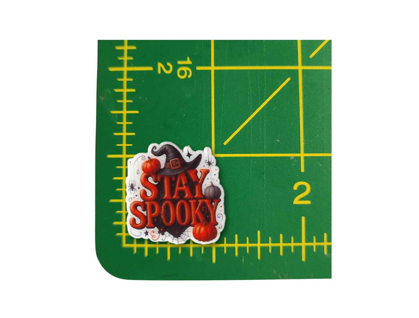 Stay Spooky magnetic needle minder with witch hat, pumpkins, and spider
