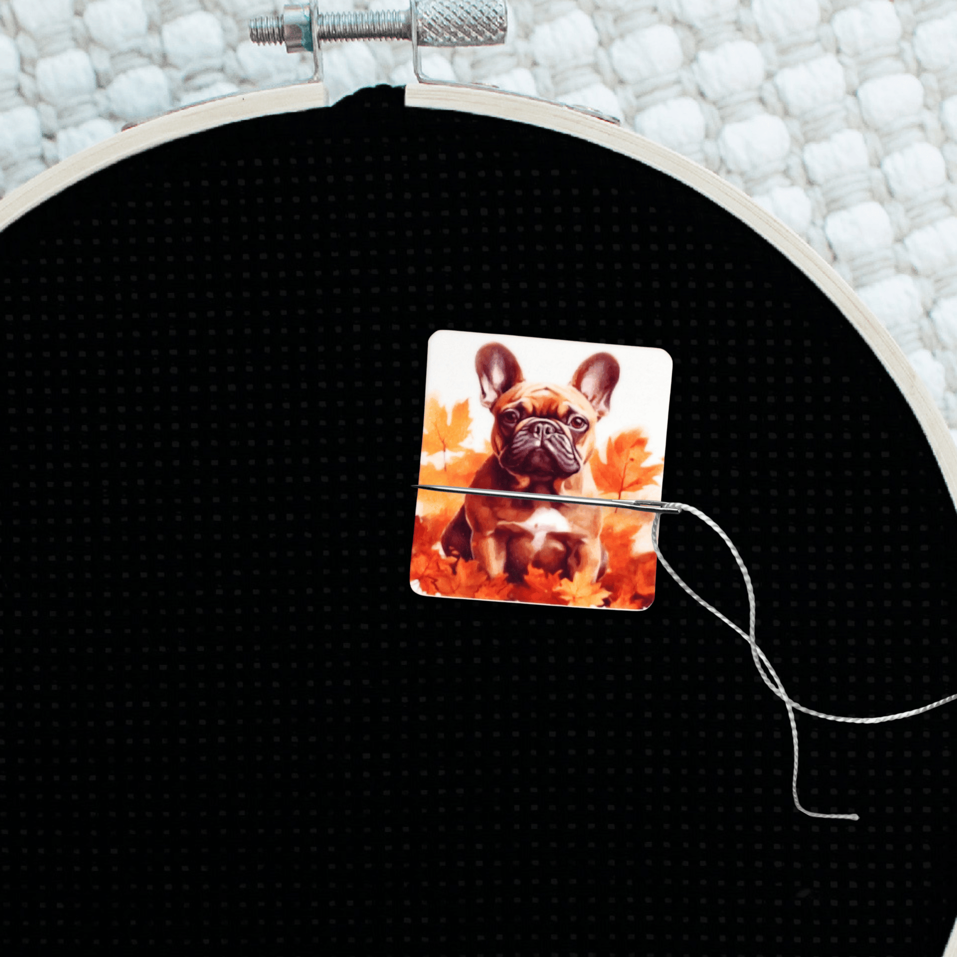 Decorative French bulldog puppy cross stitch needle minder magnet