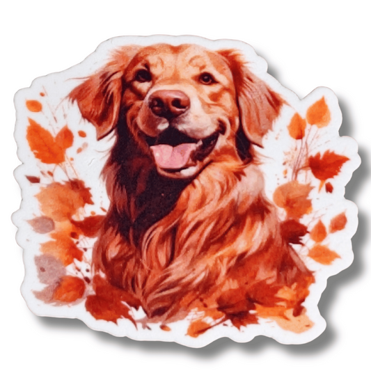 Autumn Golden Retriever magnetic needle minder for cross stitch with warm fall leaves design