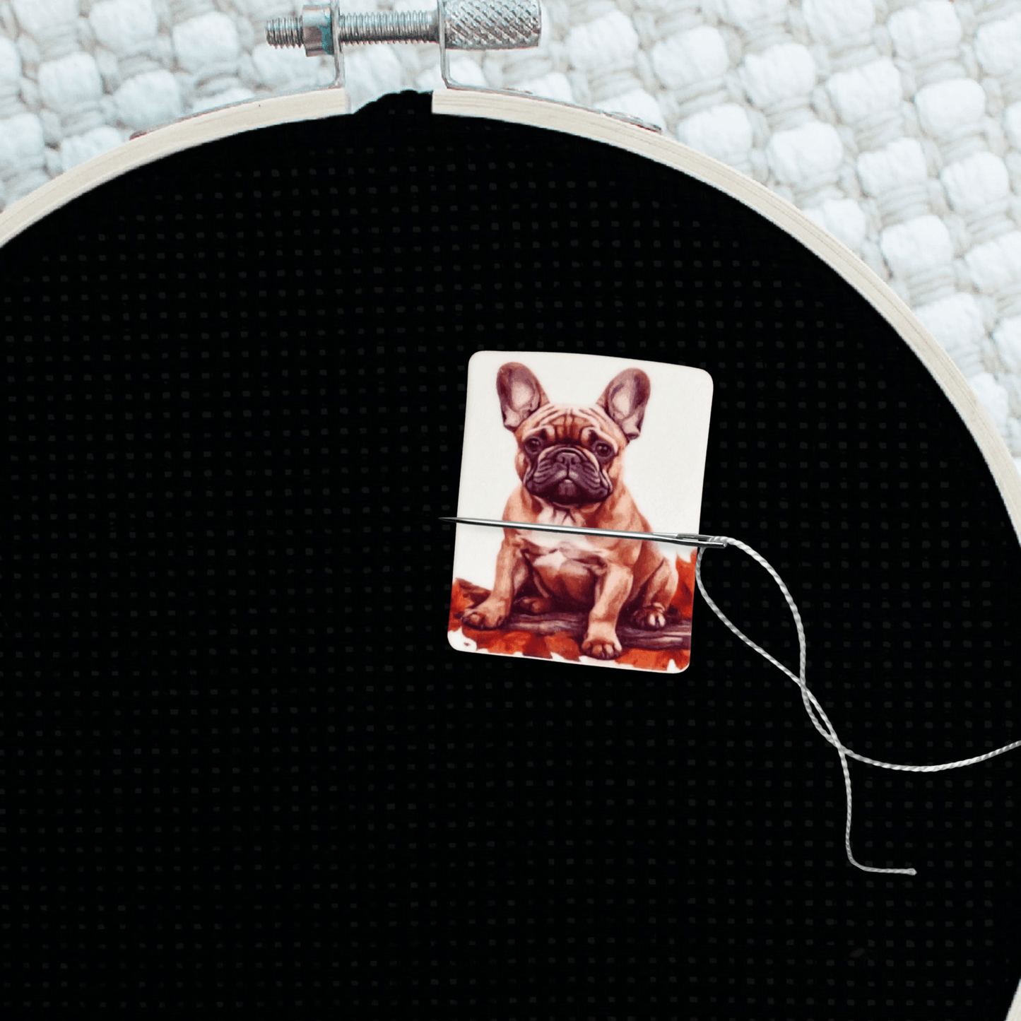 Decorative French bulldog puppy cross stitch needle minder magnet