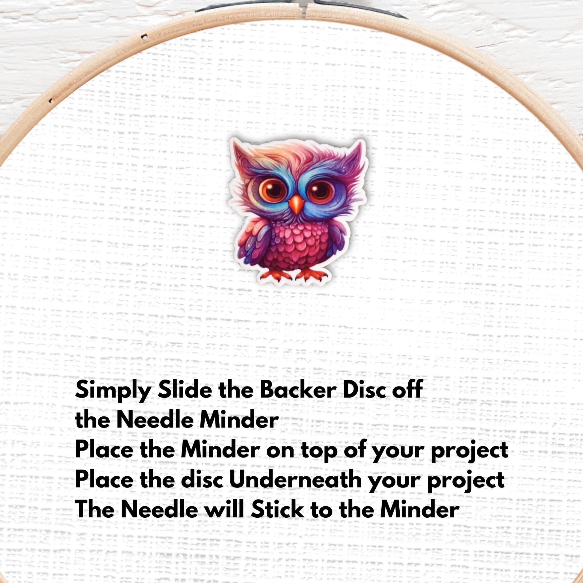 Vibrant owl embroidery magnet with detailed layered feathers and bold colors
