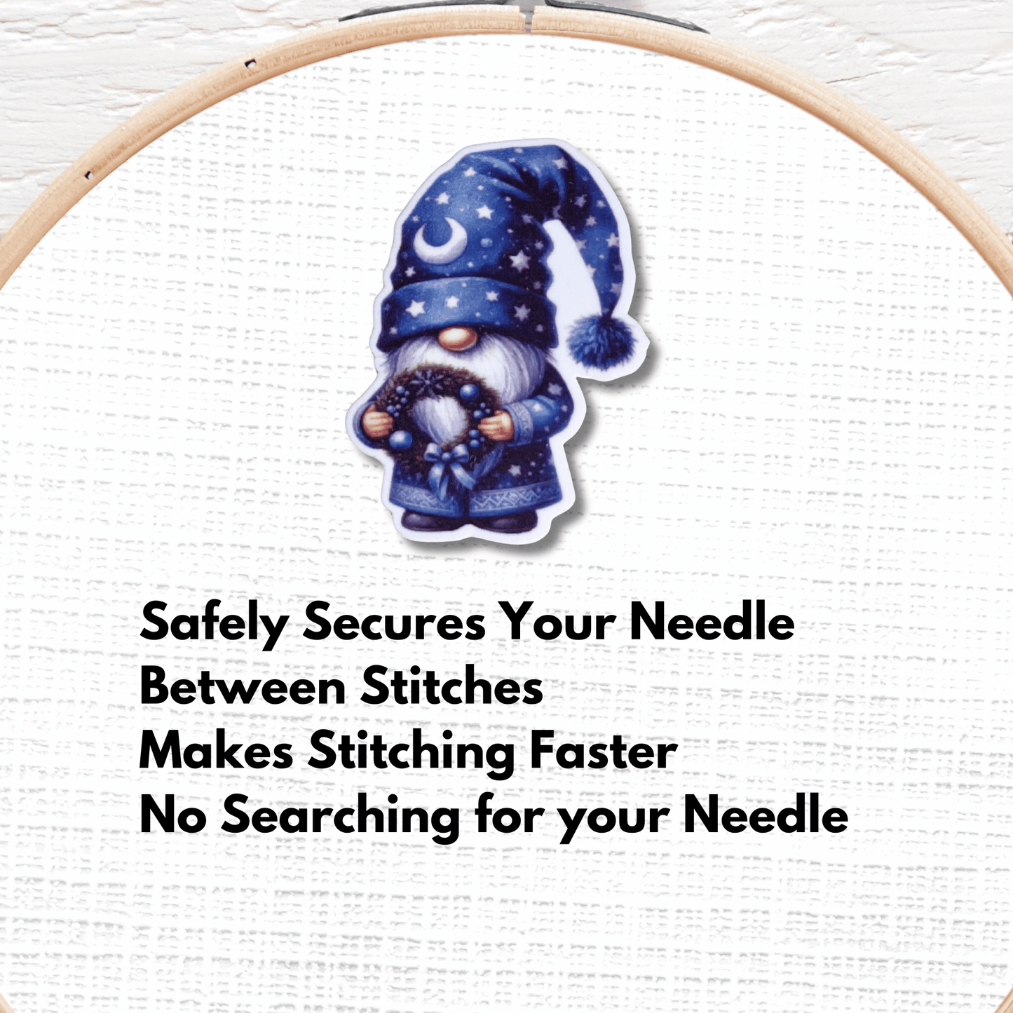 Cute Blue Winter Gnome Magnetic Needle Minder, Holiday Gnome with Wreath Cross Stitch Needle Holder