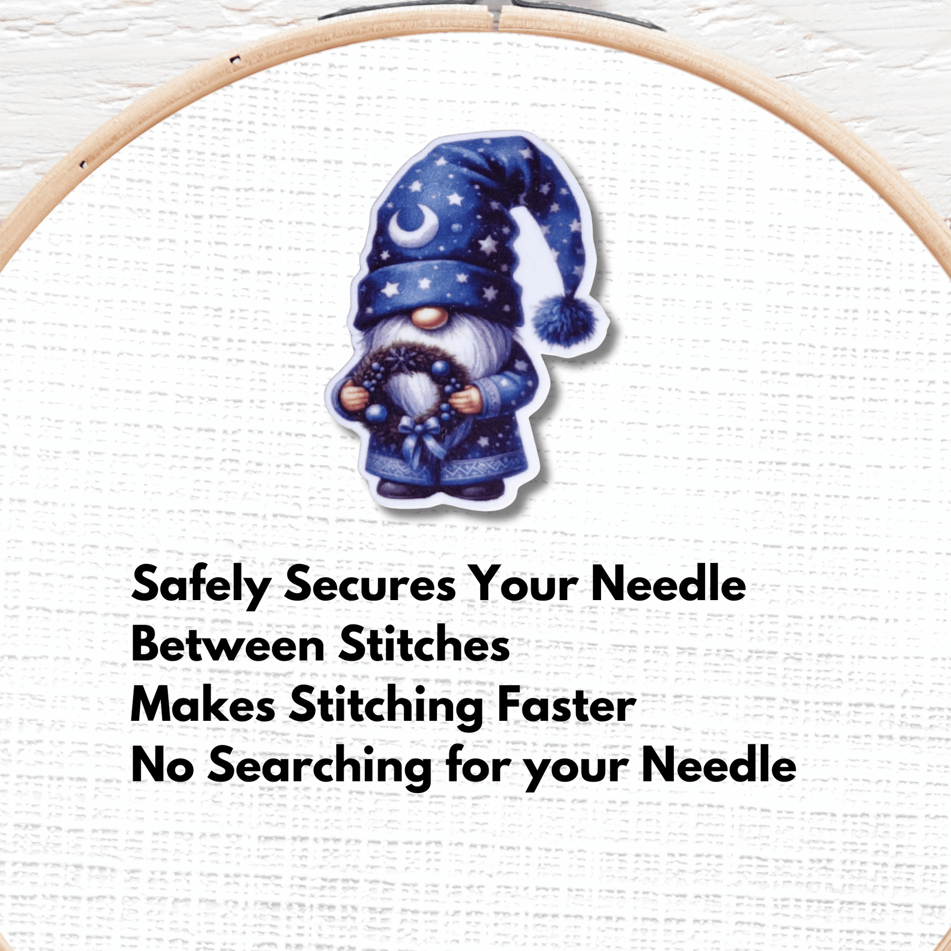 Cute Blue Winter Gnome Magnetic Needle Minder, Holiday Gnome with Wreath Cross Stitch Needle Holder