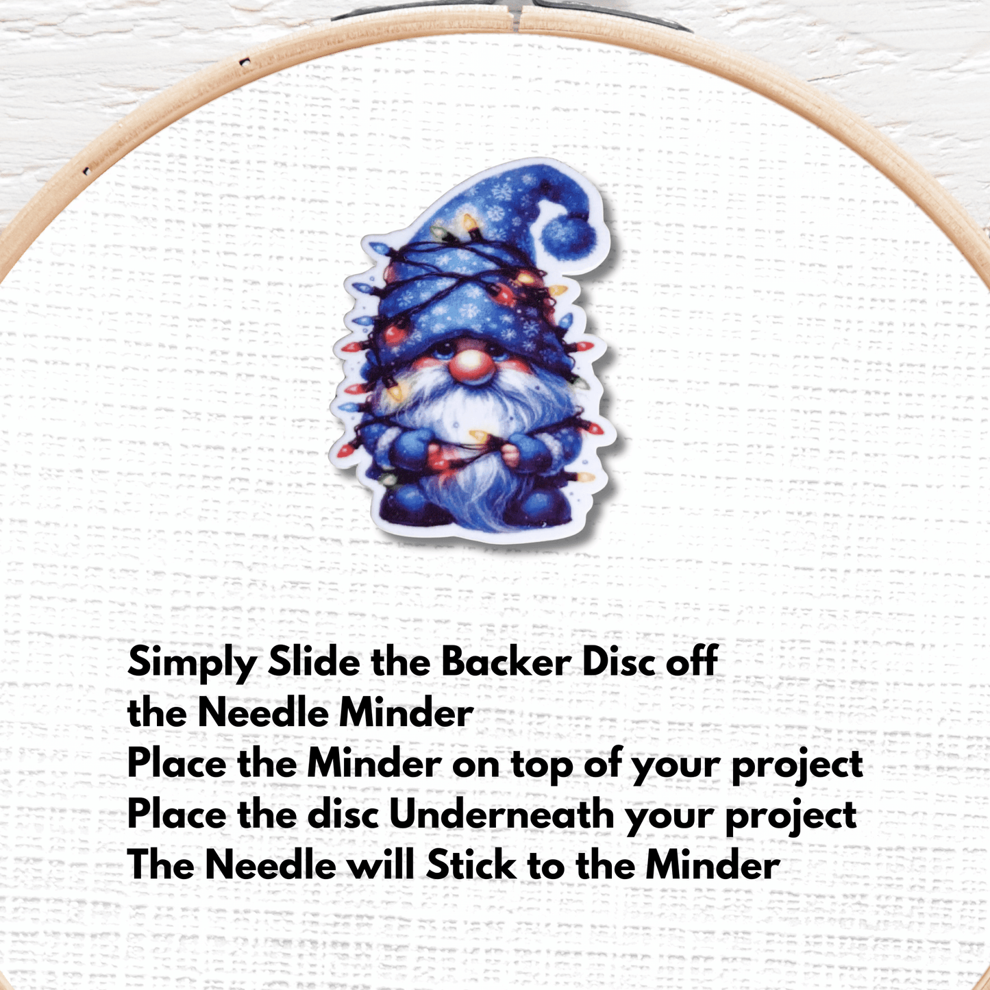 Cute Blue Christmas Gnome Magnetic Needle Minder, Holiday Gnome with Lights Cross Stitch Needle Holder