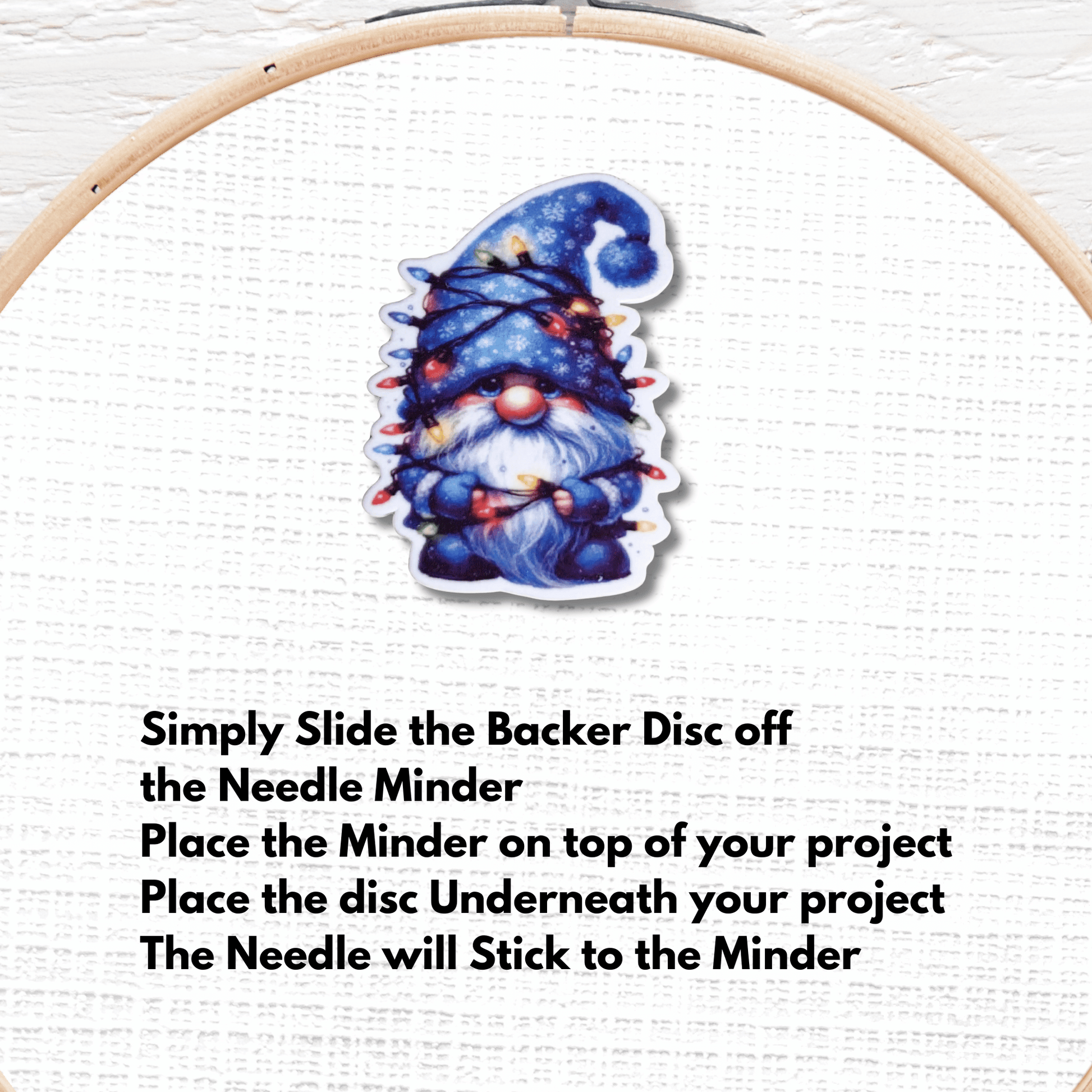 Cute Blue Christmas Gnome Magnetic Needle Minder, Holiday Gnome with Lights Cross Stitch Needle Holder