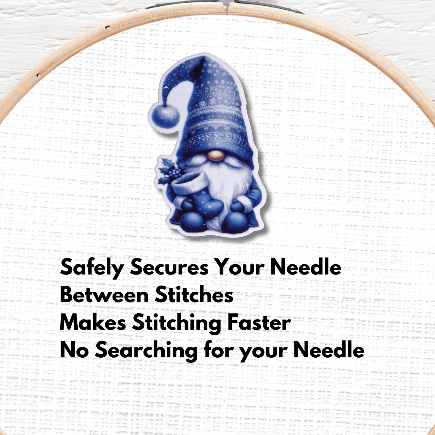 Cute Blue Christmas Gnome Magnetic Needle Minder, Holiday Gnome Cross Stitch Needle Holder for Embroidery