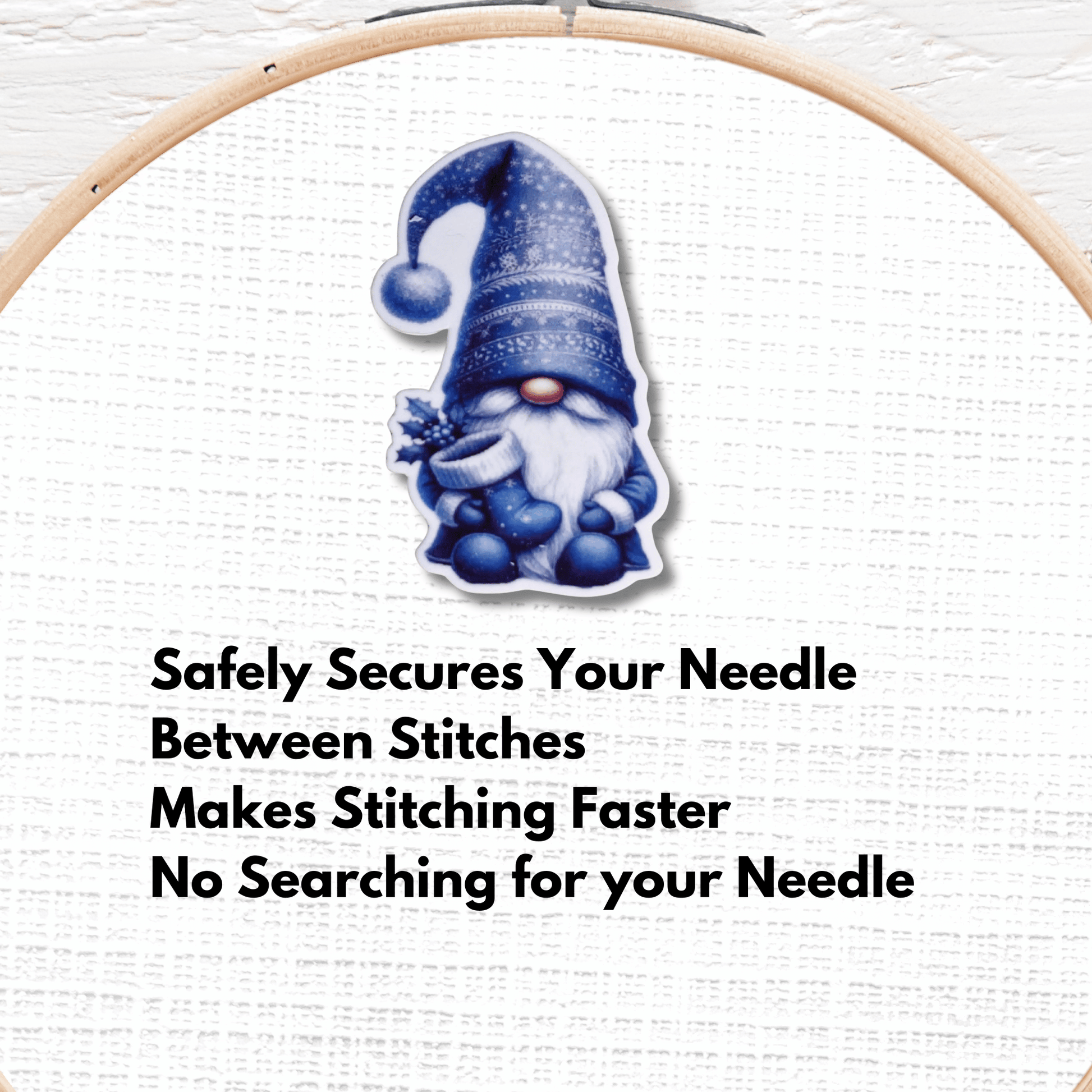 Cute Blue Christmas Gnome Magnetic Needle Minder, Holiday Gnome Cross Stitch Needle Holder for Embroidery