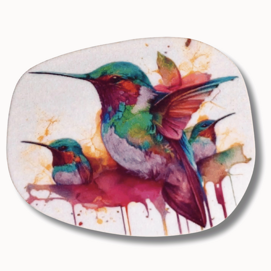 Colorful watercolor hummingbird magnetic needle minder featuring vibrant teal, purple, and pink birds in artistic paint splash style, perfect for cross stitch and embroidery projects.