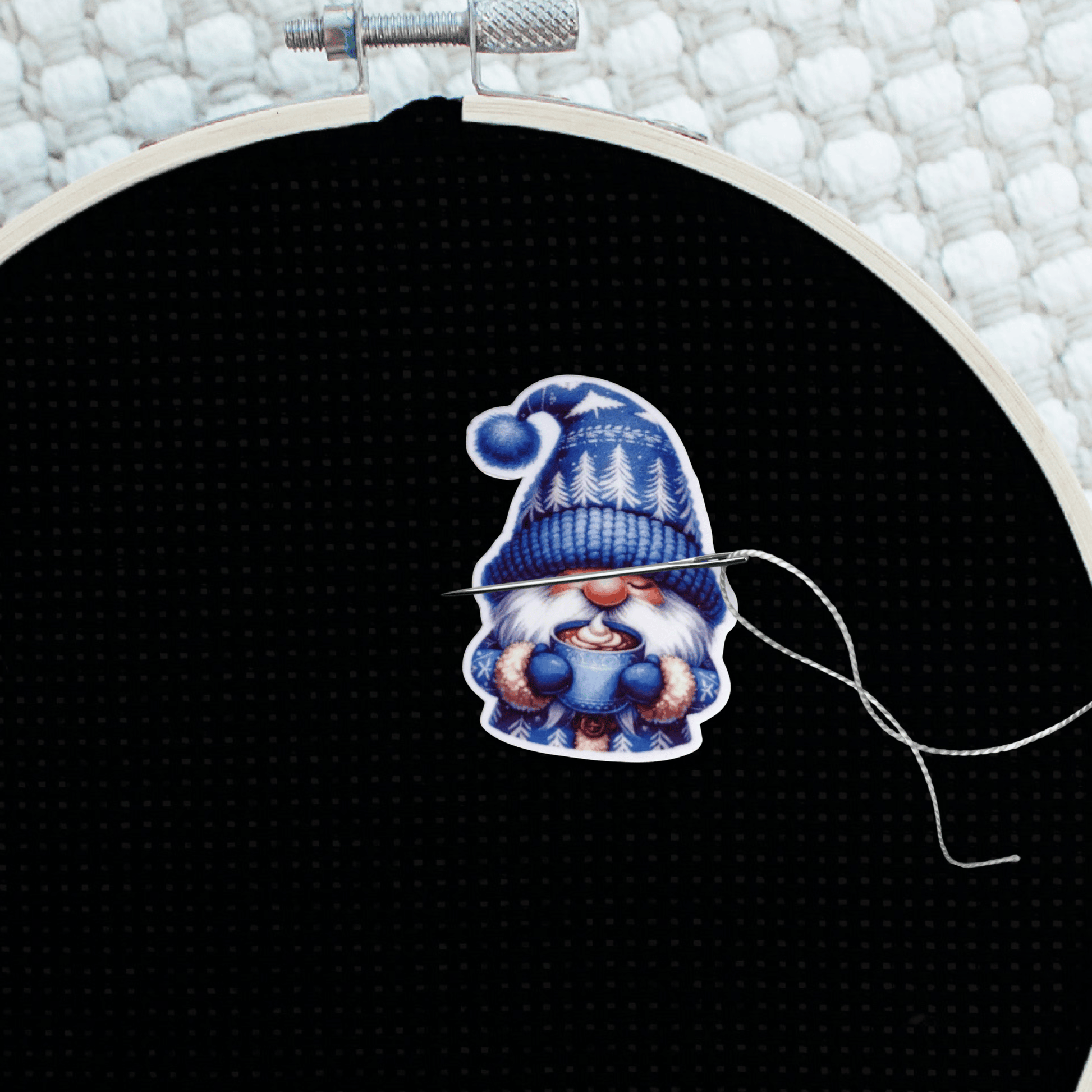Cozy Cocoa Gnome Needle Minder Magnet, Cute Christmas Embroidery Accessory for Cross Stitch