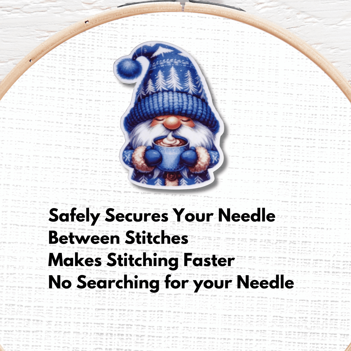 Cute Winter Gnome Magnetic Needle Minder, Blue Christmas Gnome with Hot Cocoa Cross Stitch Needle Holder
