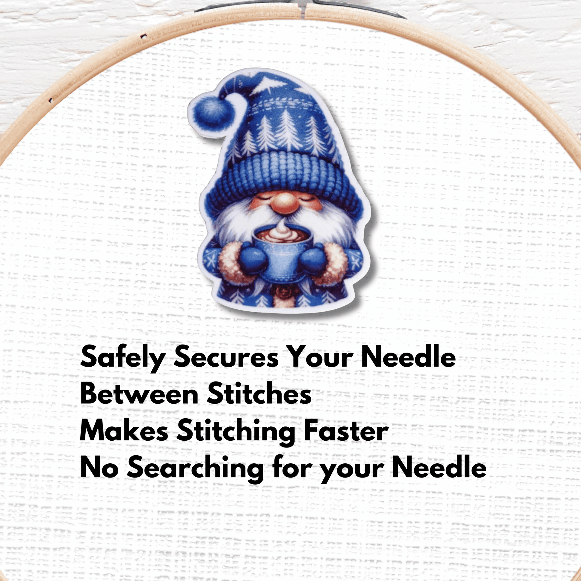Cute Winter Gnome Magnetic Needle Minder, Blue Christmas Gnome with Hot Cocoa Cross Stitch Needle Holder