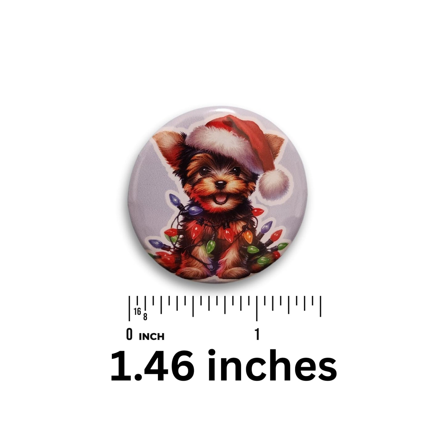 Round magnetic needle minder showing a cheerful Yorkie dressed for Christmas with multicolor lights
