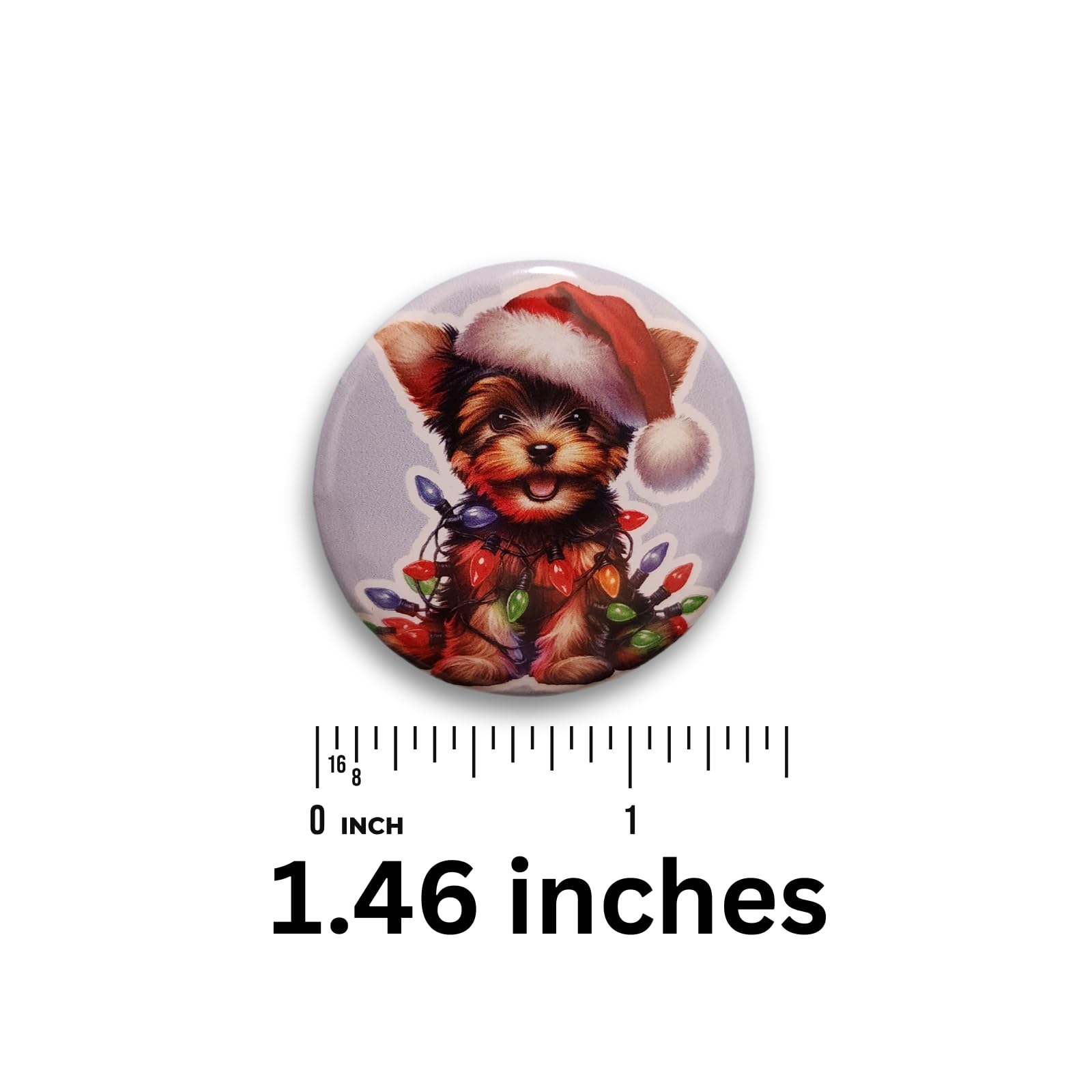Round magnetic needle minder showing a cheerful Yorkie dressed for Christmas with multicolor lights
