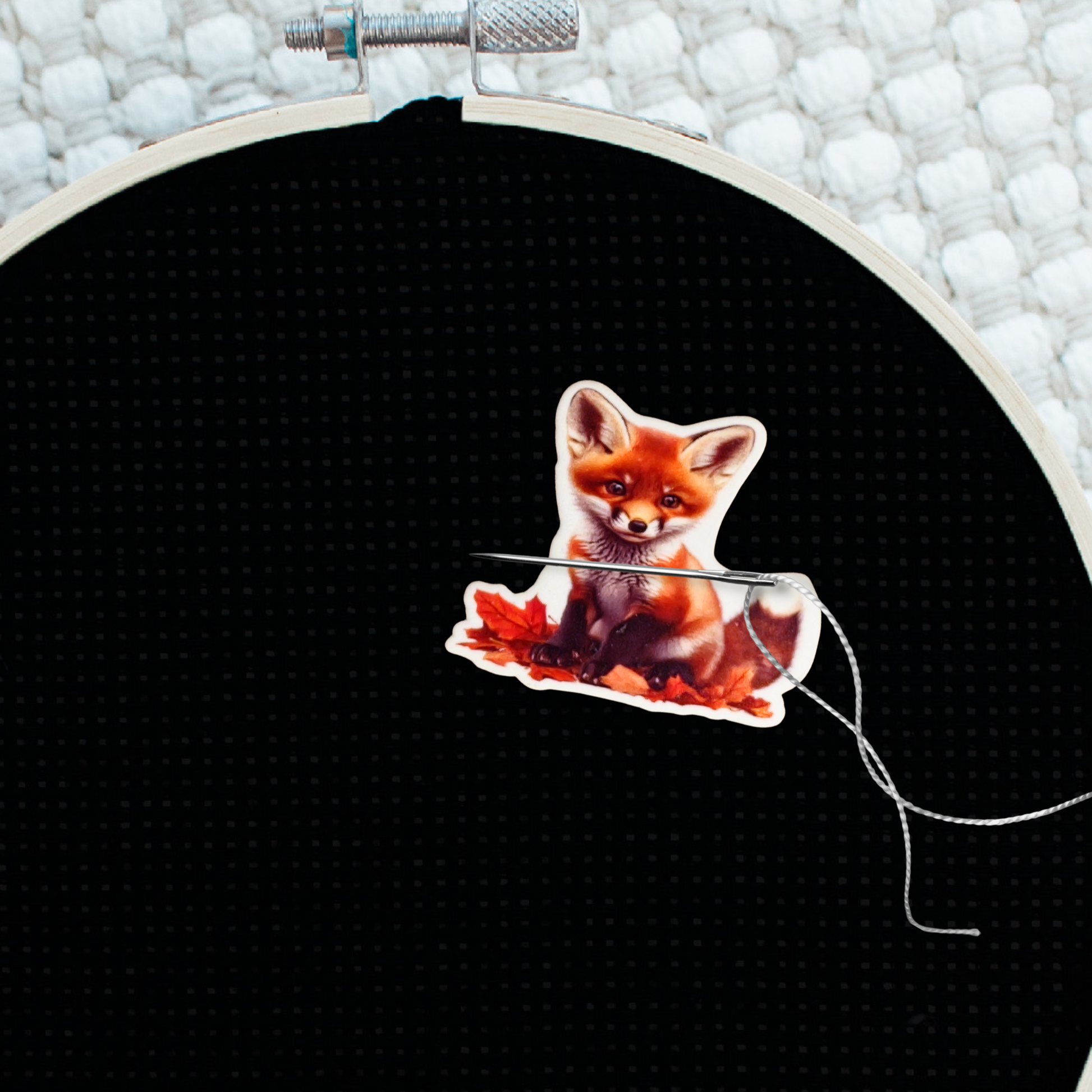 Decorative fox autumn leaves cross stitch needle minder magnet