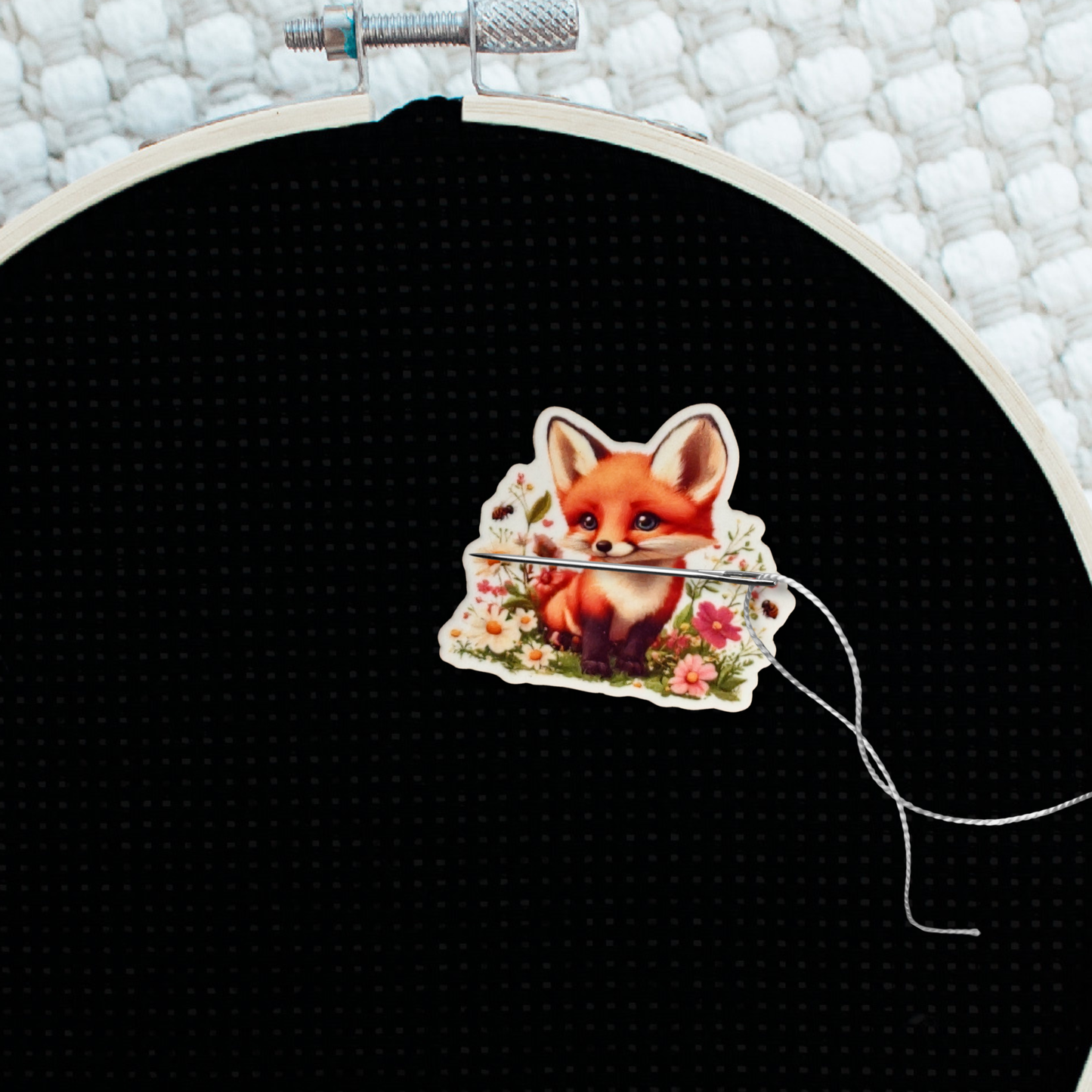 Decorative fox wildflower cross stitch needle minder magnet