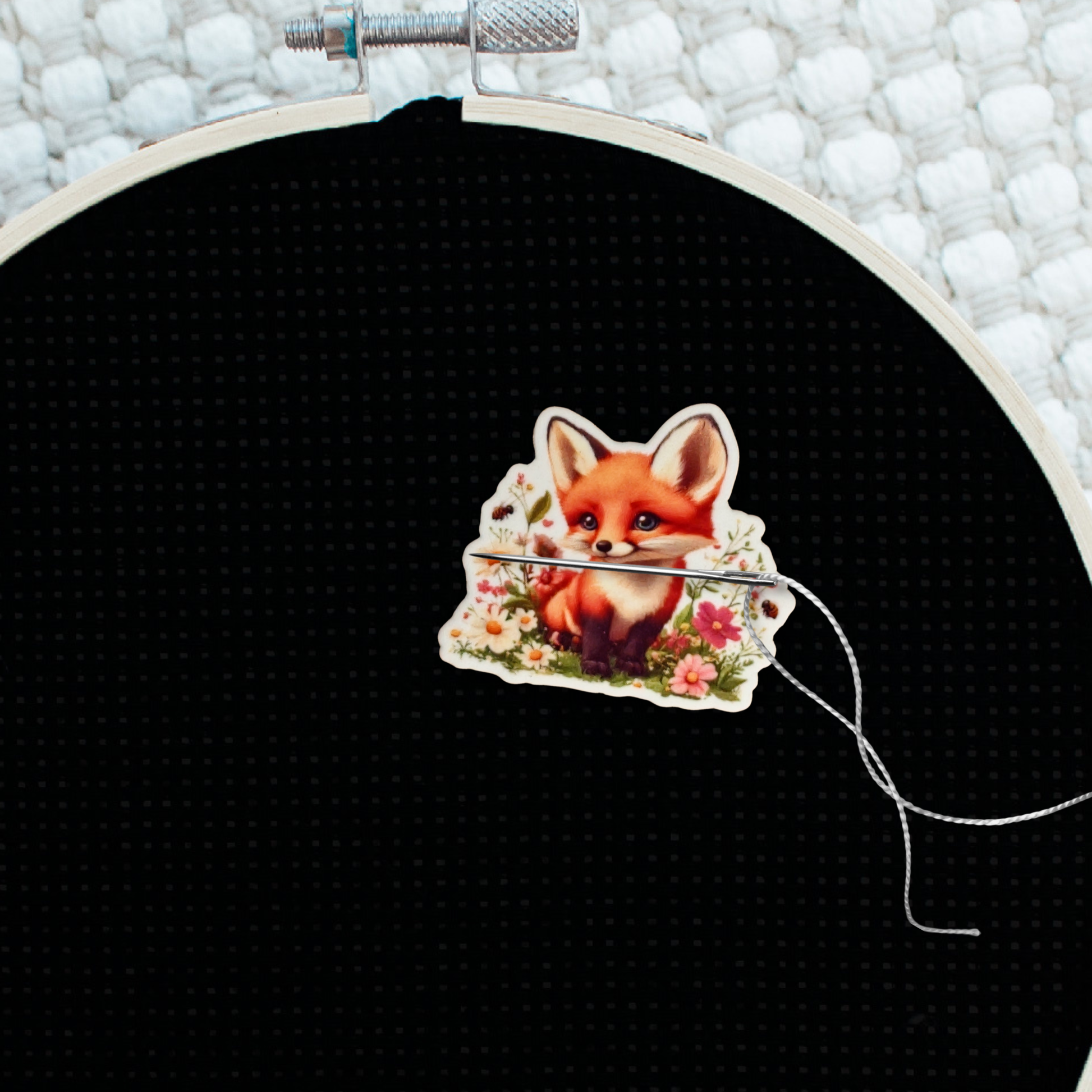 Decorative fox wildflower cross stitch needle minder magnet