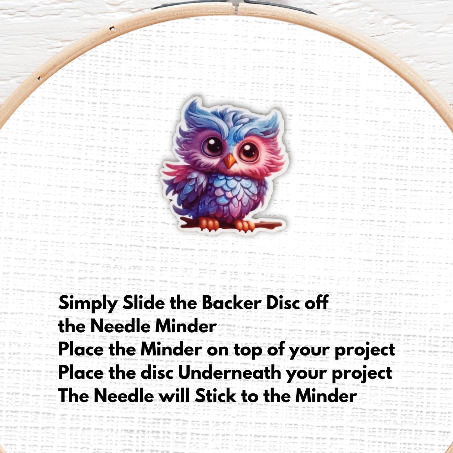 Cute colorful owl embroidery needle minder with layered feather details