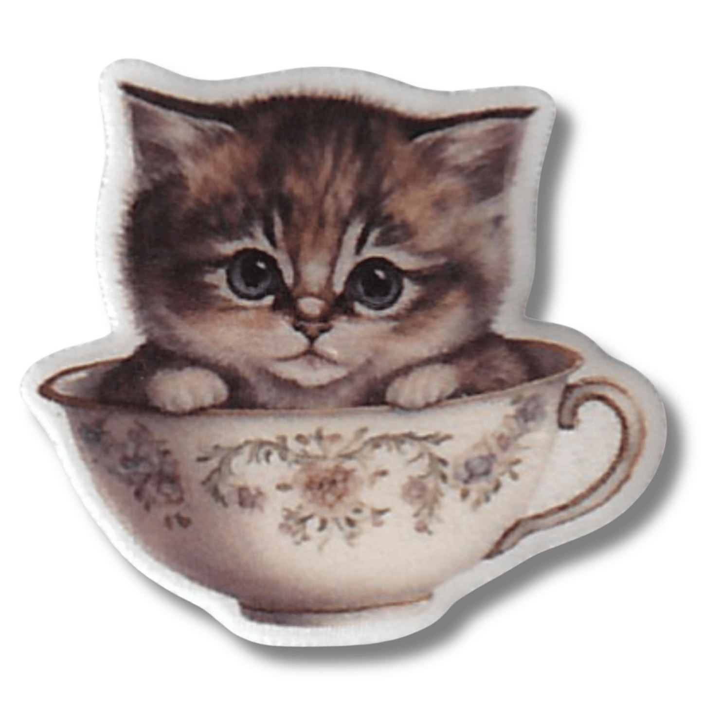 Cute gray kitten in floral teacup magnetic needle minder for cross stitch