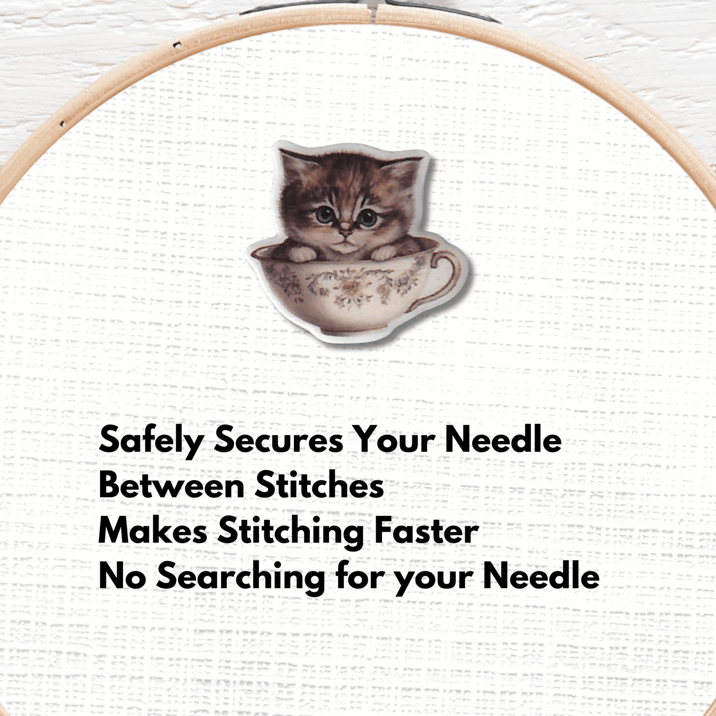 gray kitten in teacup magnetic needle minder for embroidery