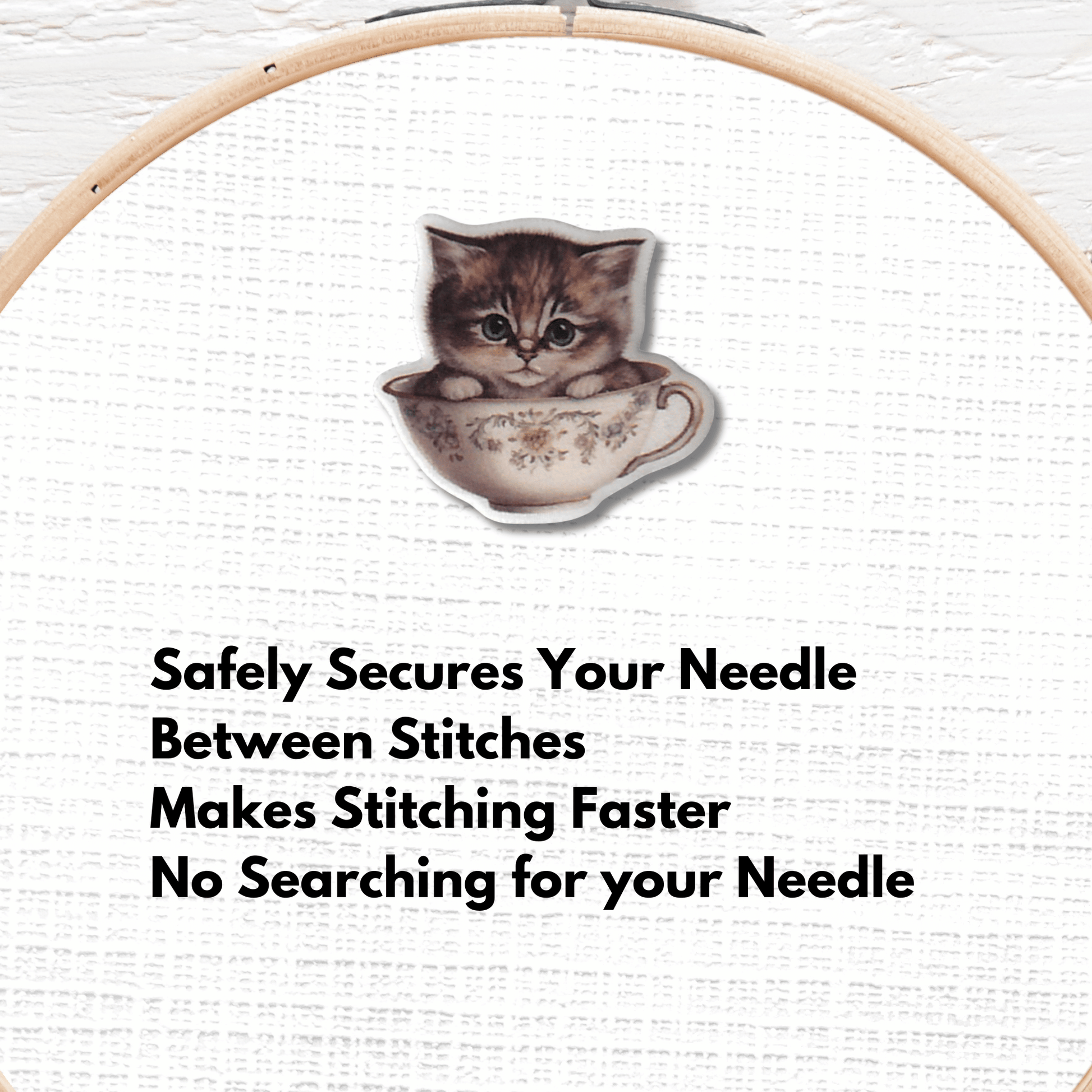 gray kitten in teacup magnetic needle minder for embroidery
