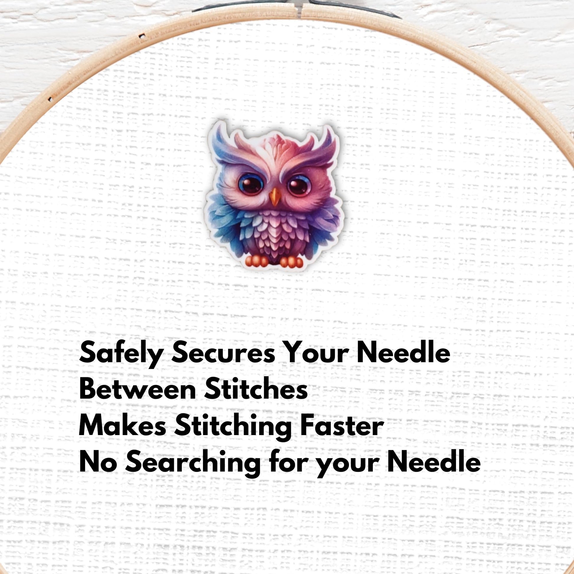 Cute big eyed owl cross stitch magnet for holding needles securely
