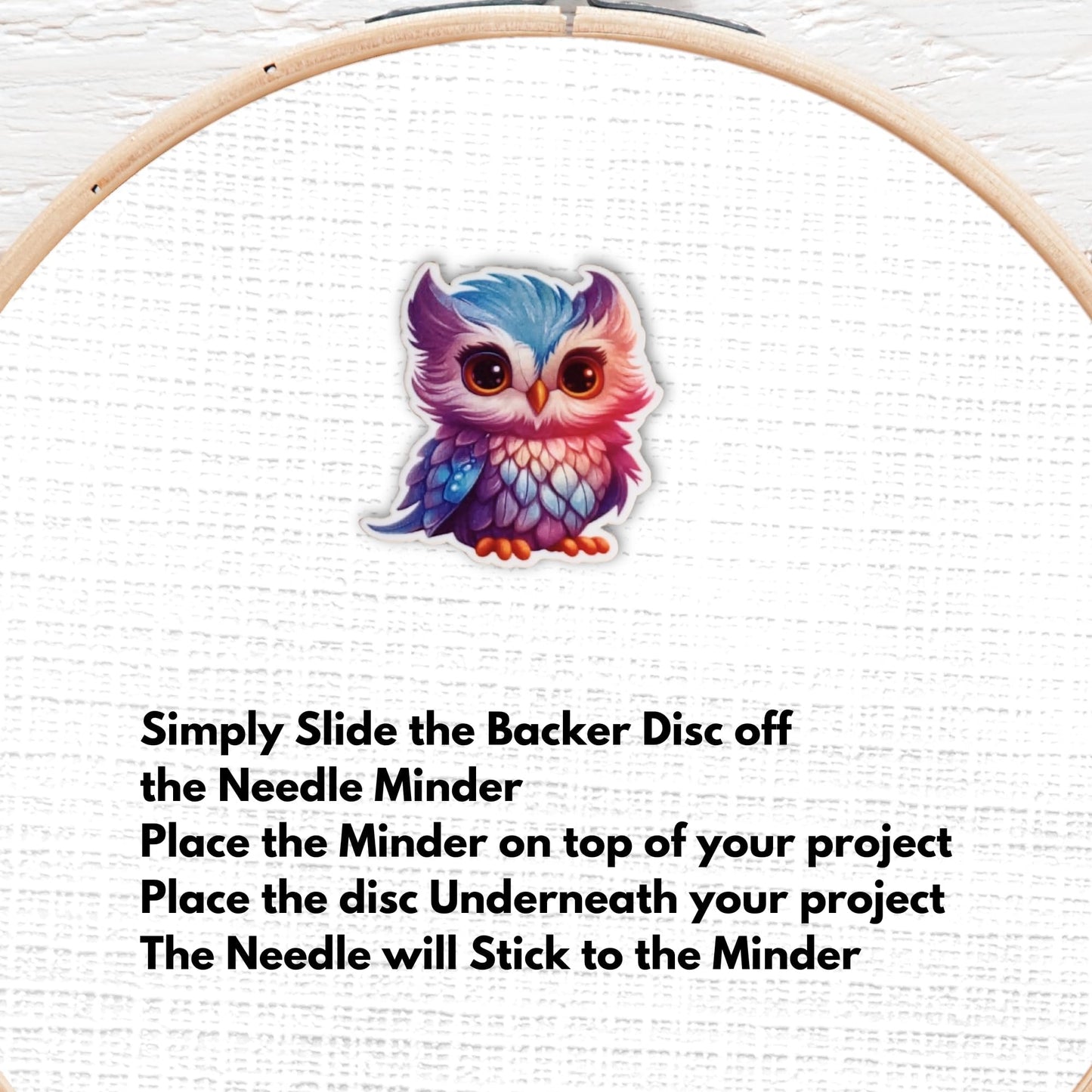 Cute purple and blue owl magnetic needle minder for cross stitch lovers and handmade craft projects