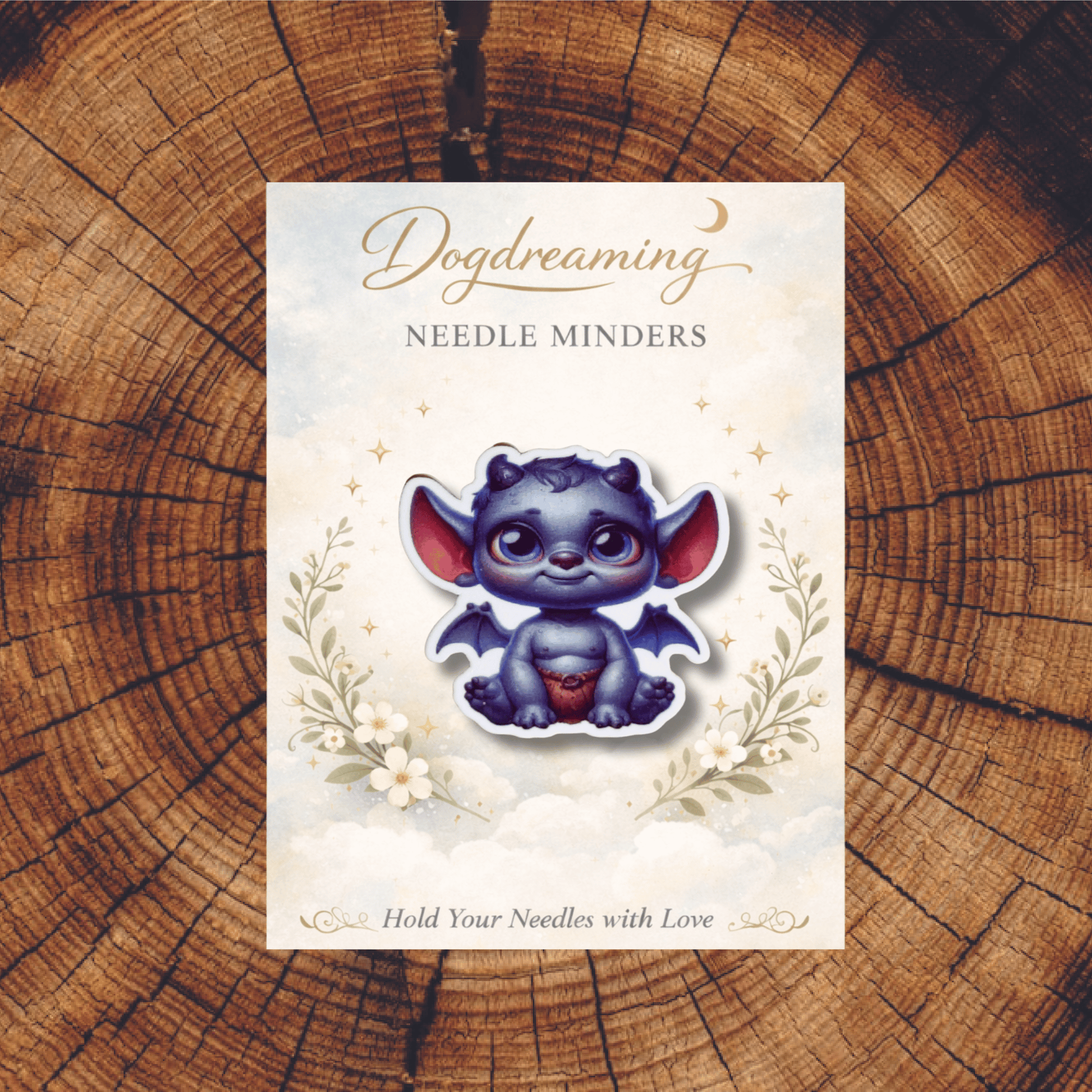 Kawaii baby gargoyle needle minder accessory for stitchers and embroiderers